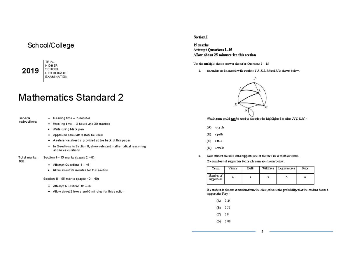 2019 HSC Mathematics Standard 2 Trial Exam - Section I & II - Studocu