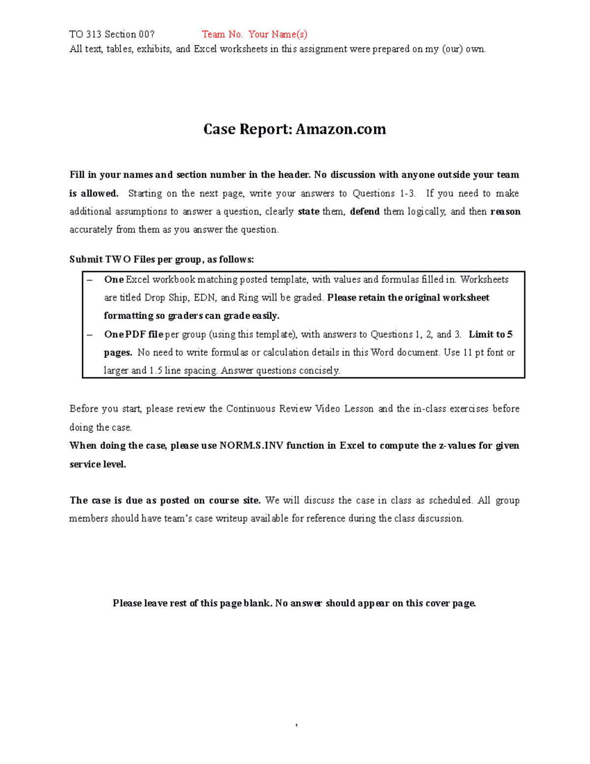 Amazon report template - TO 313 Section 00? Team No. Your Name(s) All ...