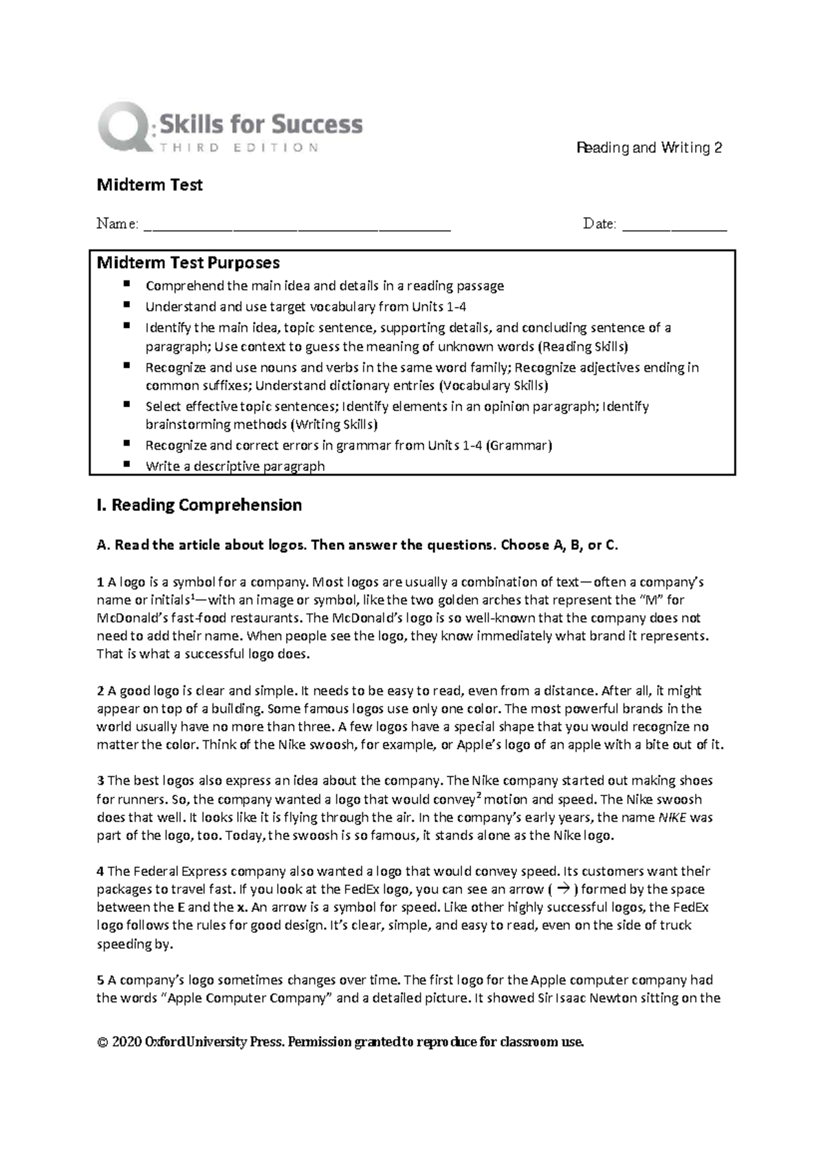 RW2 Midterm Test: Reading Comprehension & Writing Skills - Studocu