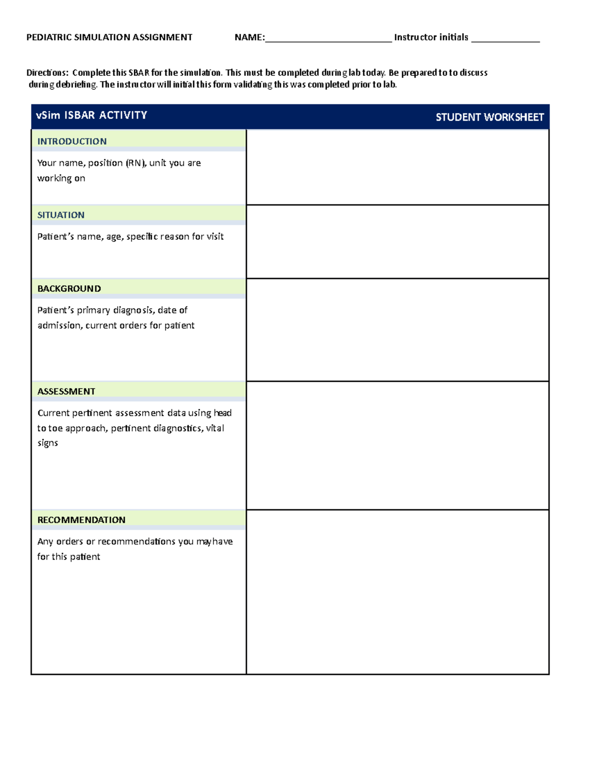 NUR 220 Pediatric Simulation SBAR Worksheet and Guidelines - Studocu