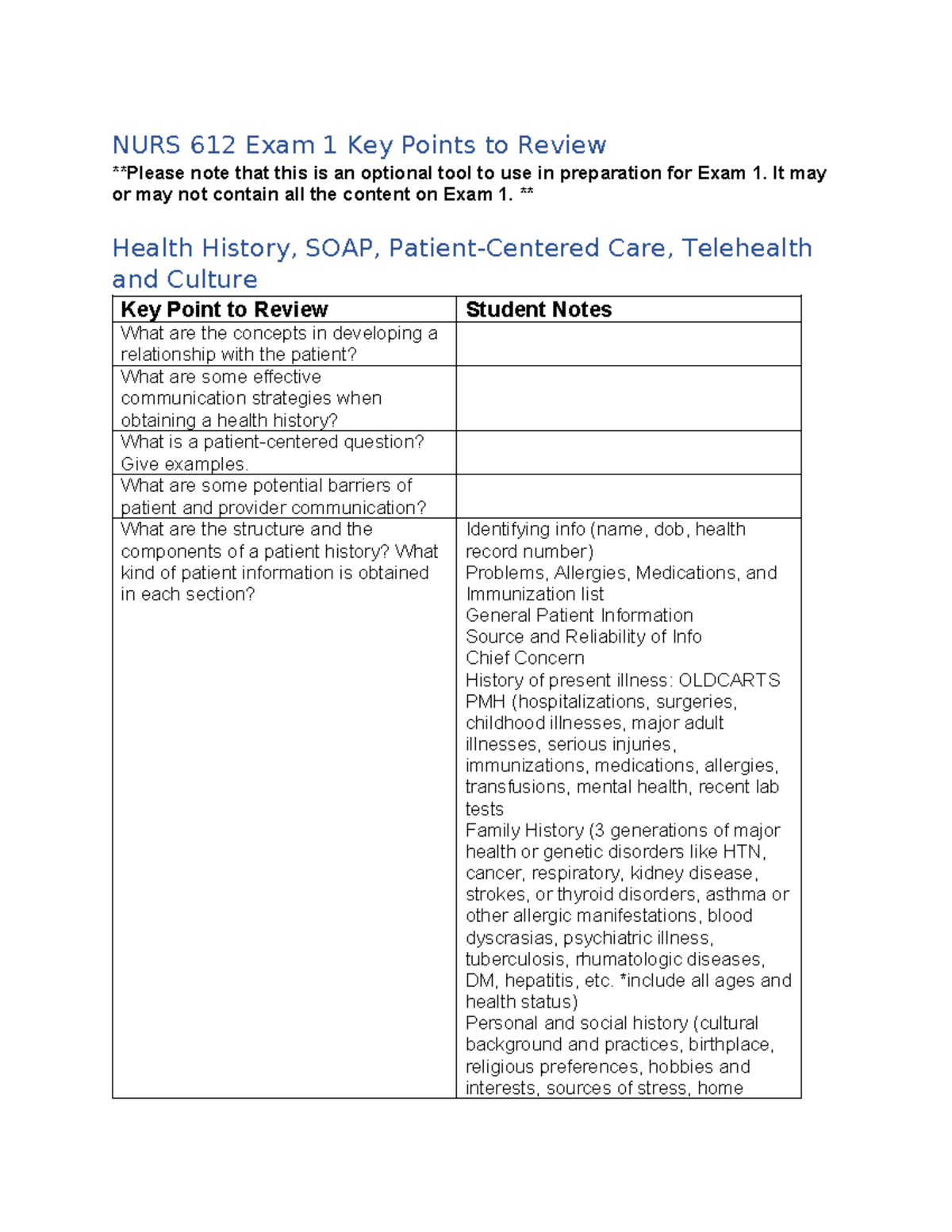 NURS 612 Exam 1 Key Review: Health History, SOAP, & Patient Care - Studocu