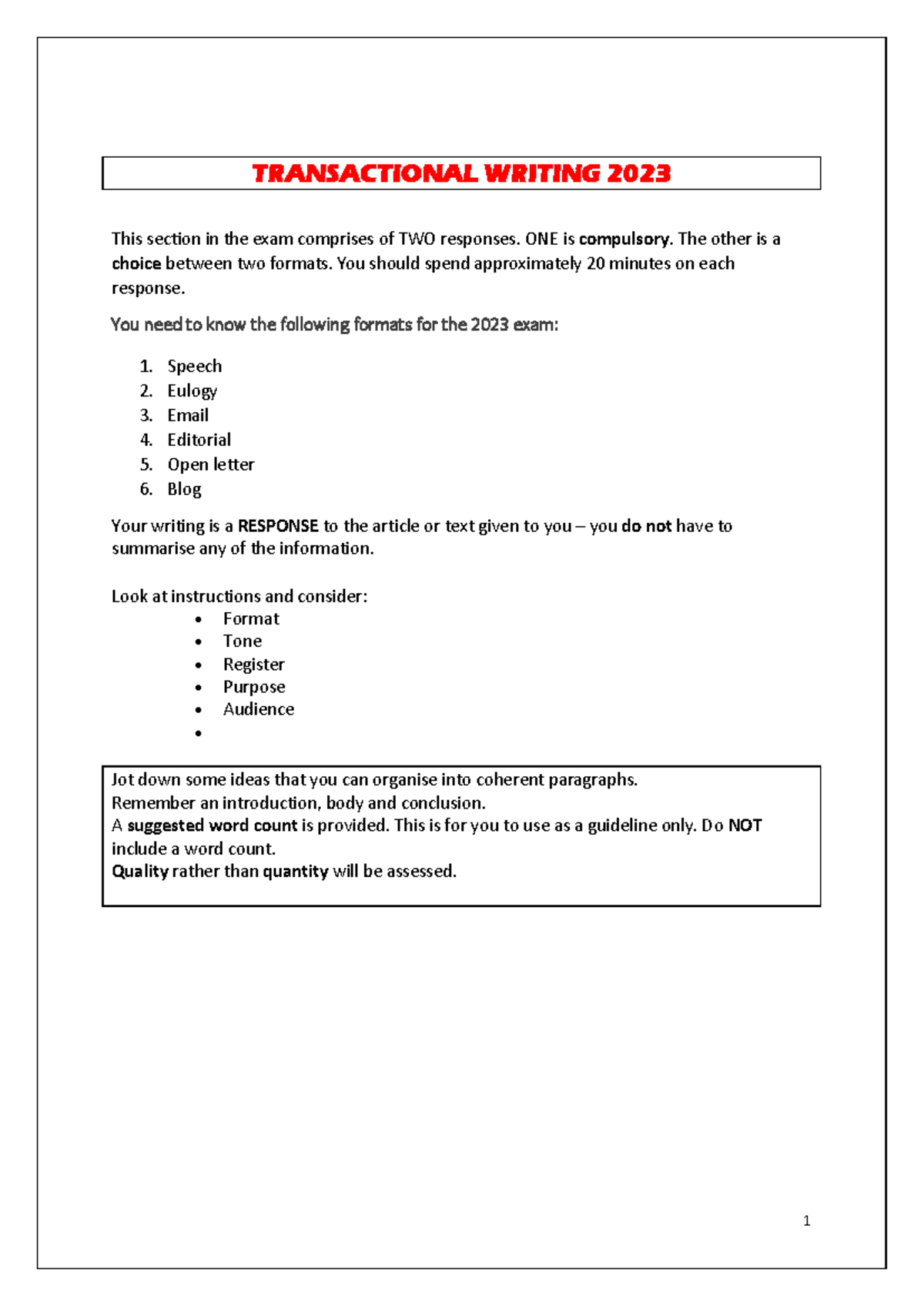 Transactional Writing Formats 2023: Exam Response Guidelines - Studocu