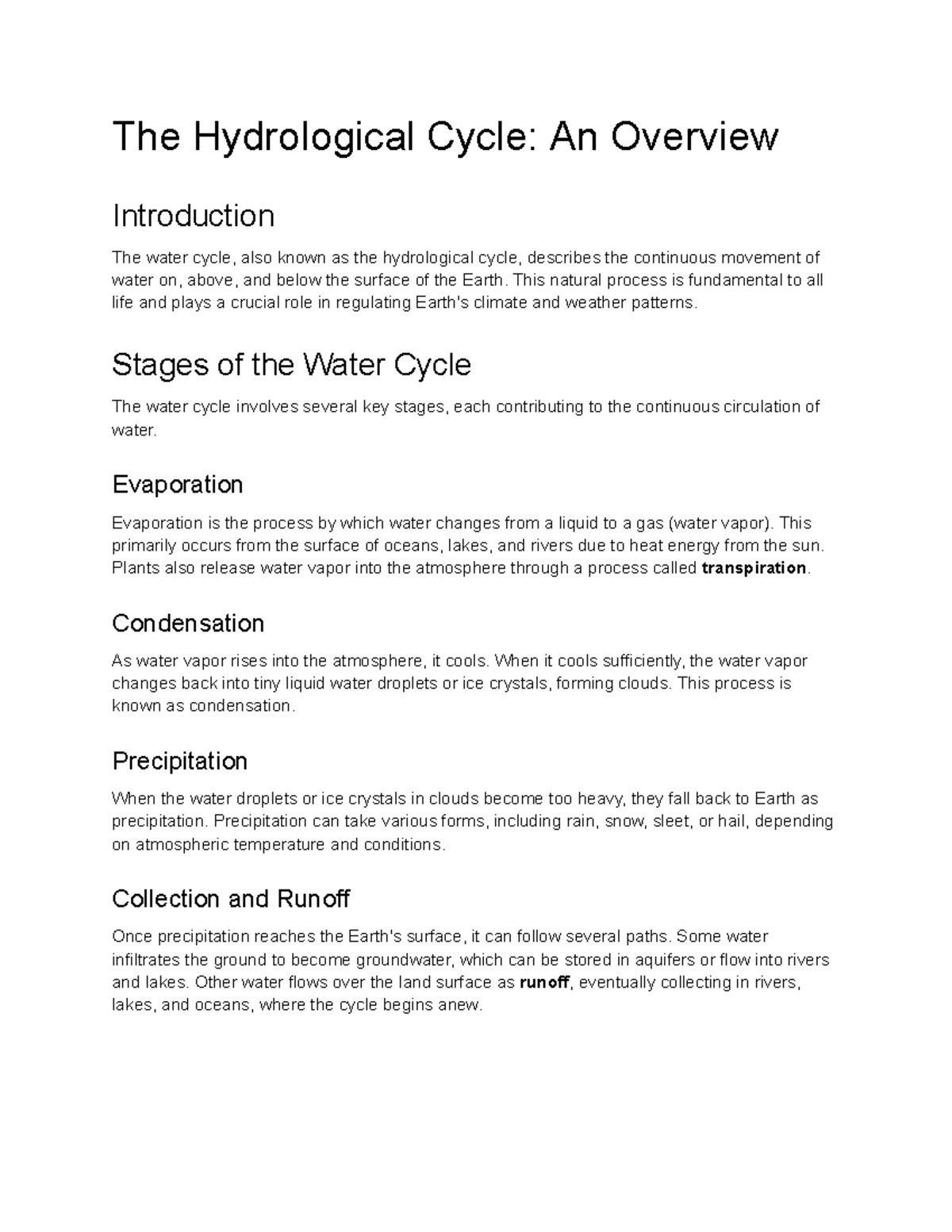 Hydrological Cycle Overview: Key Stages and Importance - Studocu