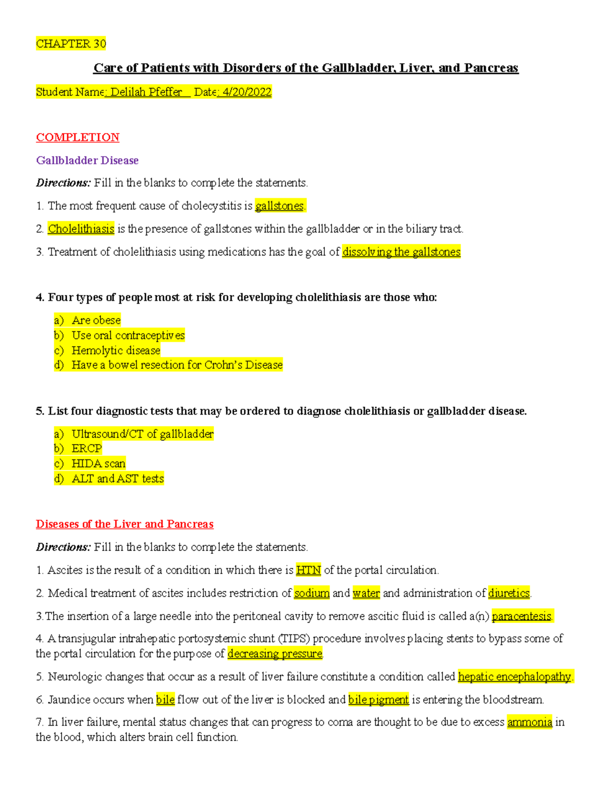 203 Chapter 30 Study Guide: Disorders of Gallbladder, Liver, and ...