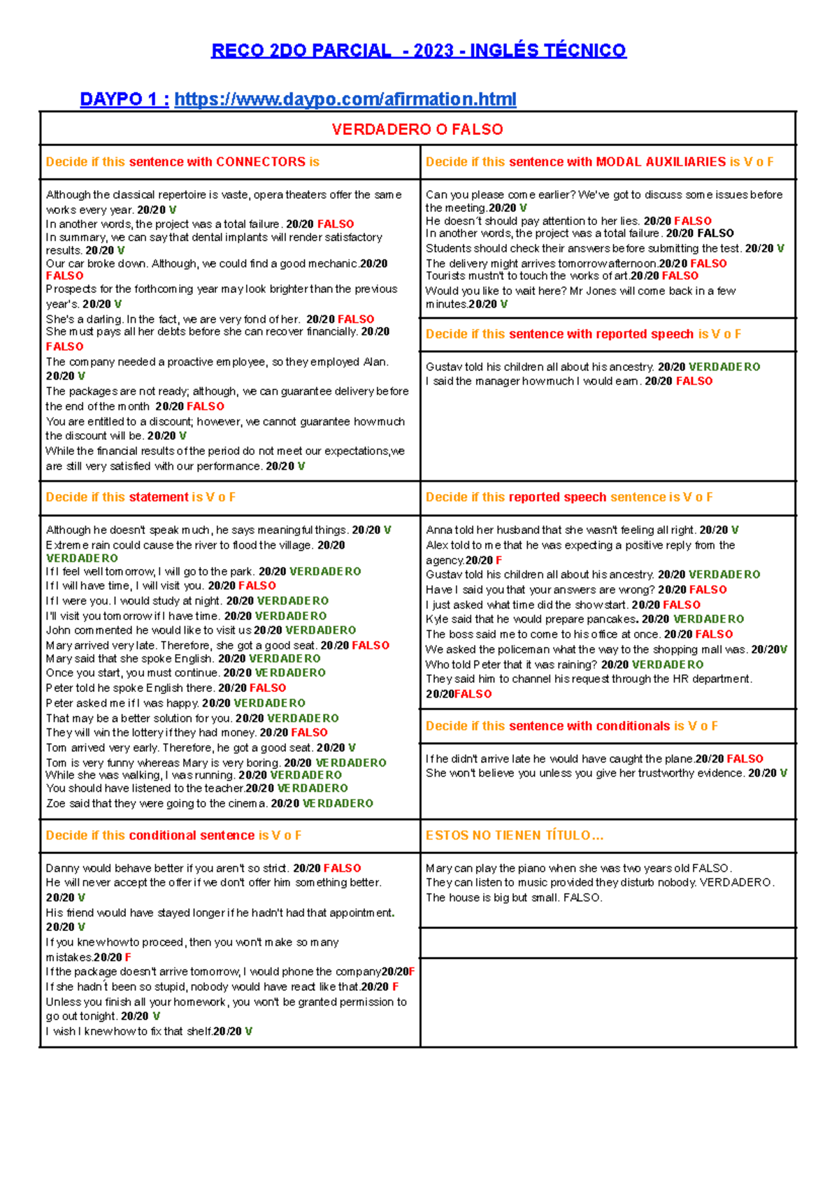 RECO INGLES 2DO PARCIAL 2023 - EXAMEN DE VERDADERO O FALSO - Studocu