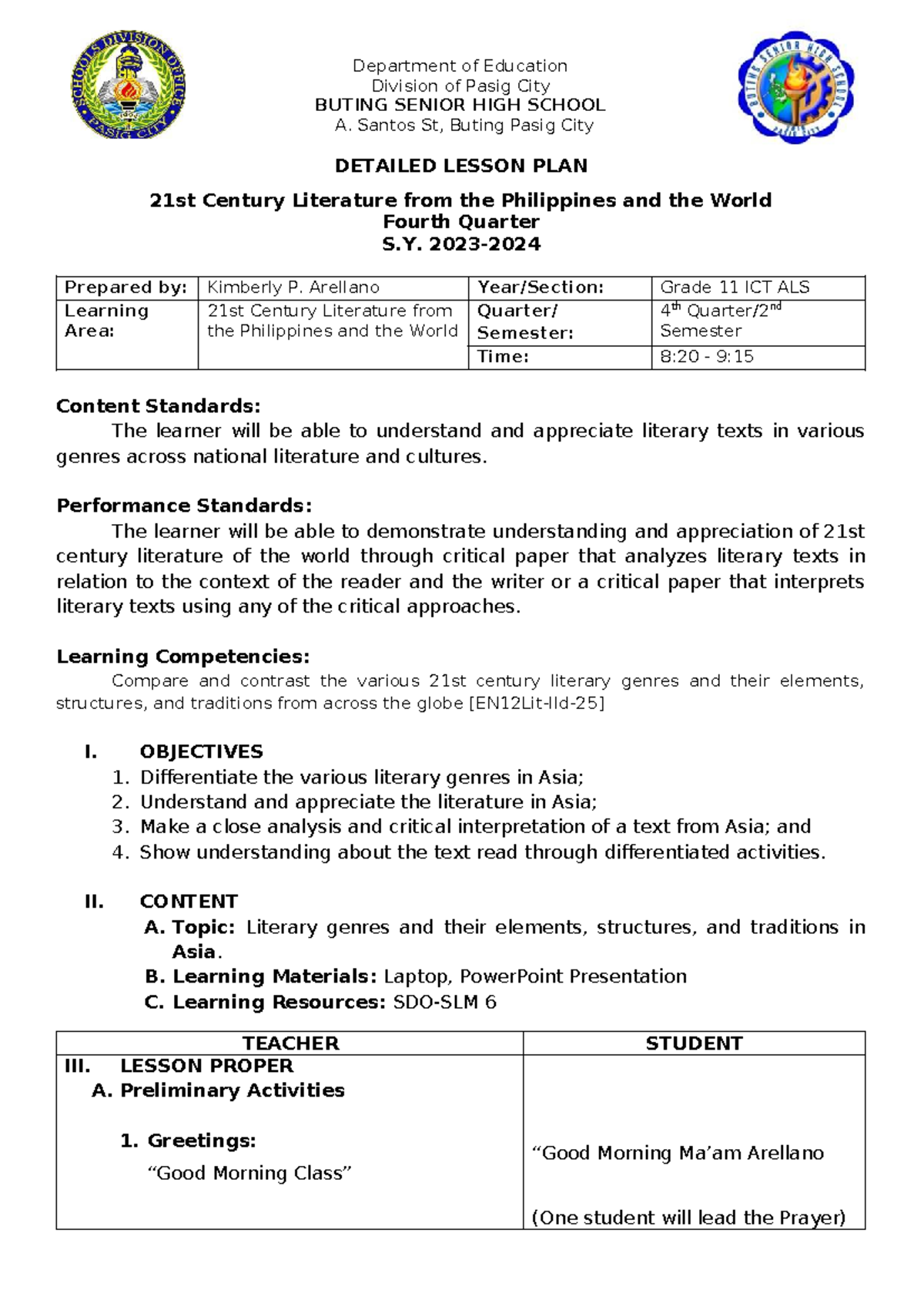 DLP: Detailed Lesson Plan for 21st Century Literature (Grade 11) - Studocu