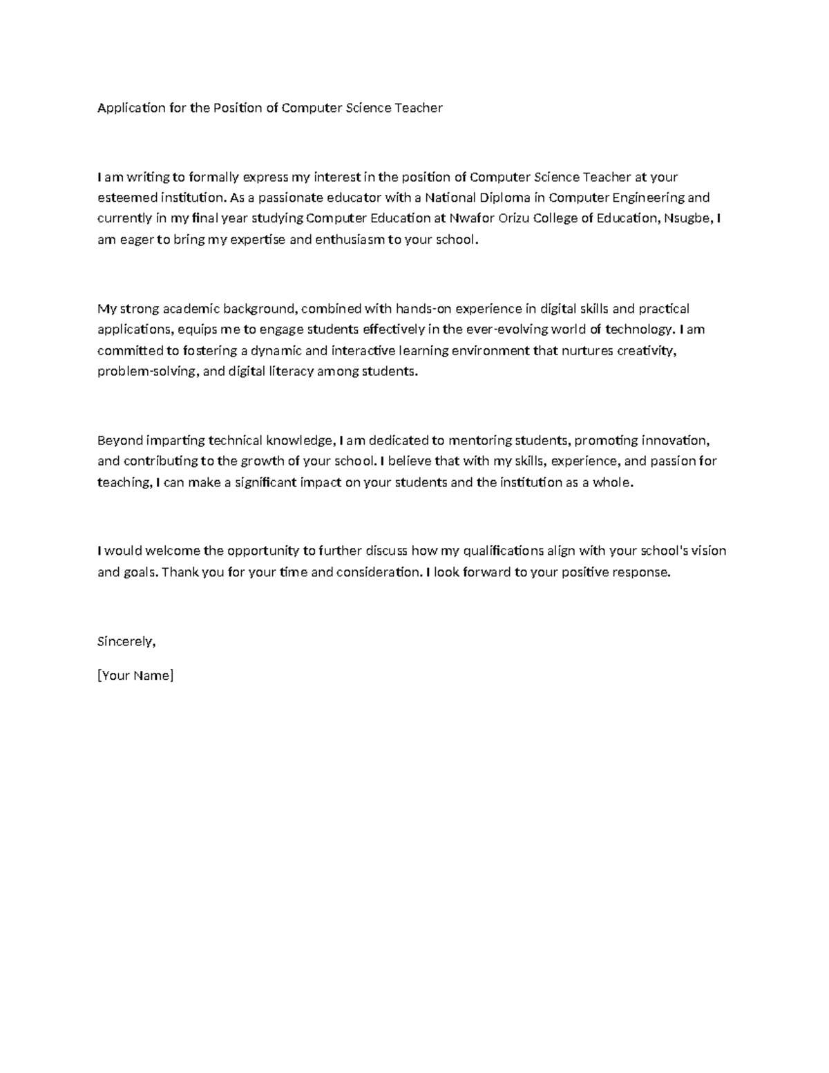 Application for Computer Science Teacher Position - dghm - Studocu