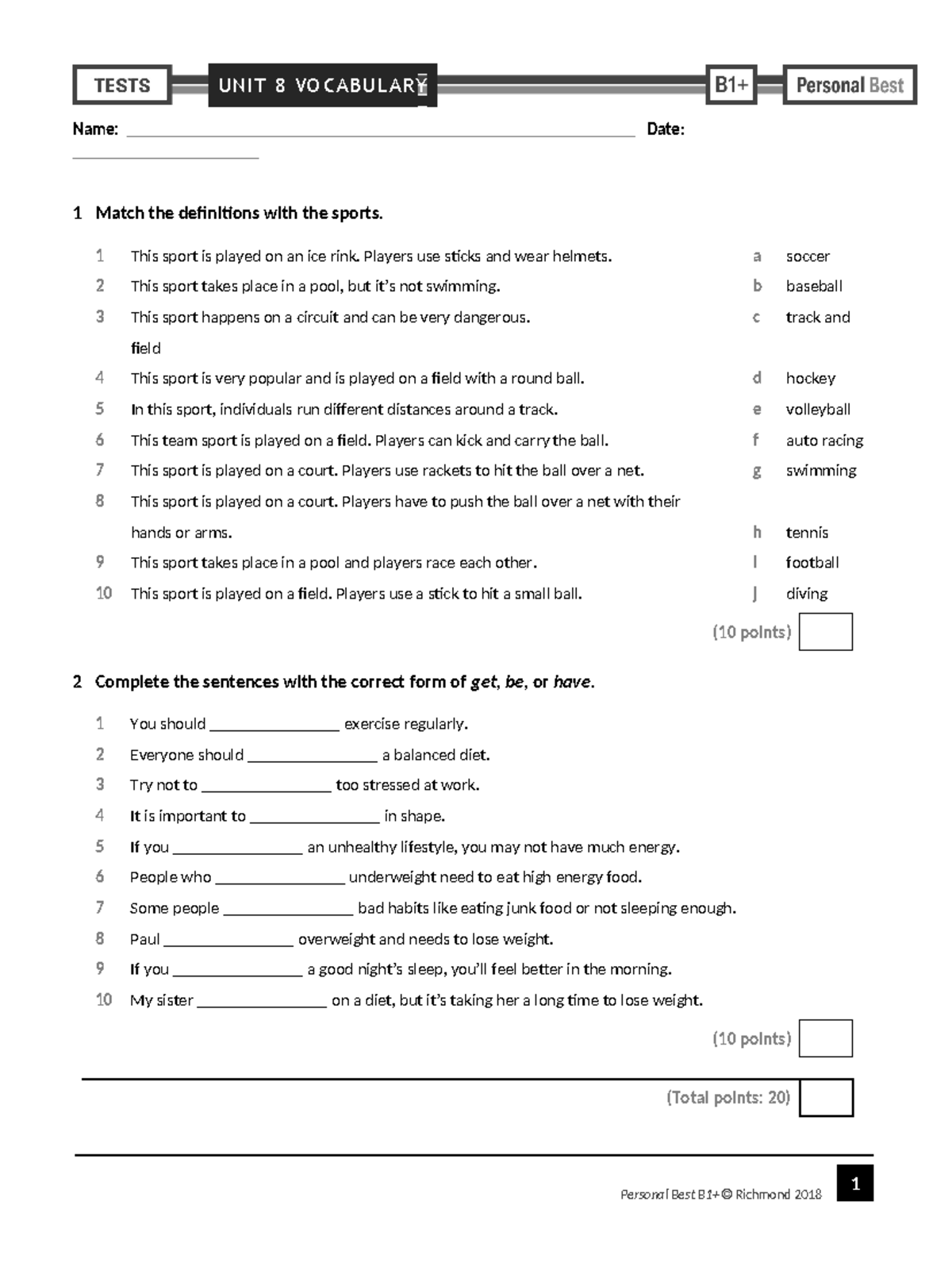 Personal Best B1+ Unit 8 Vocabulary Test Guide - Studocu