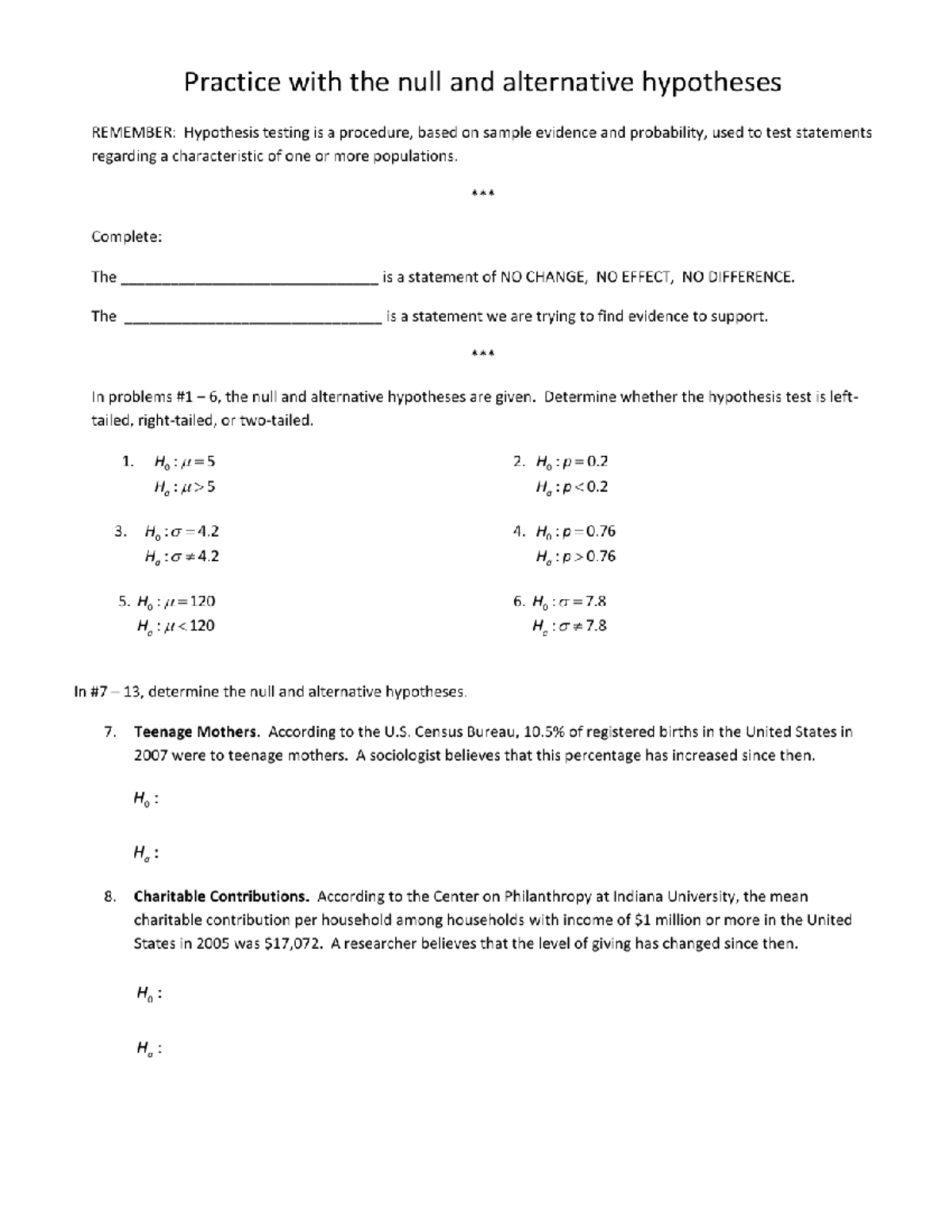 Hypothesis Testing Practice with Null and Alternative Hypotheses - Studocu