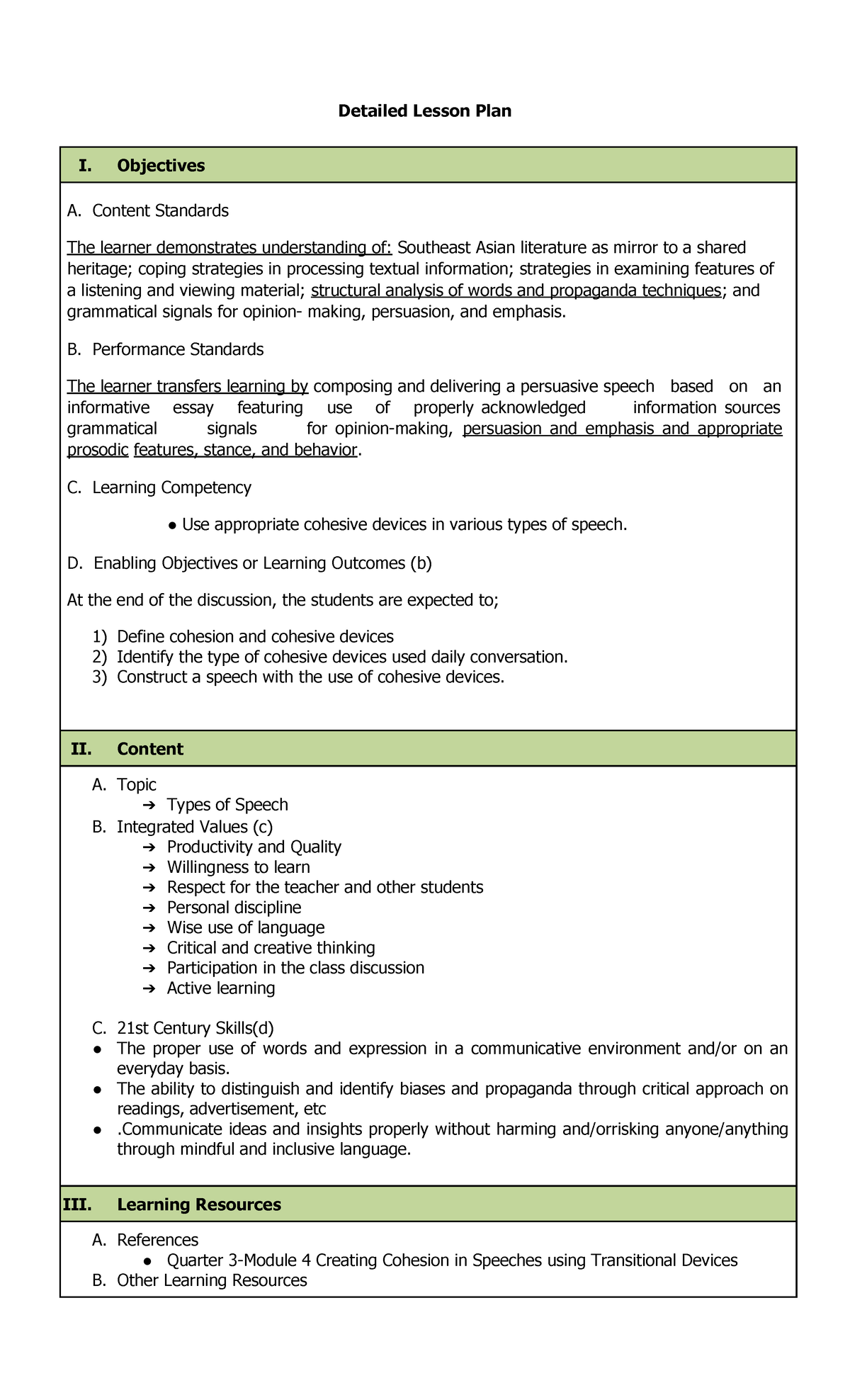 Ilide - Lesson Plan on Cohesive Devices in Speeches - Studocu