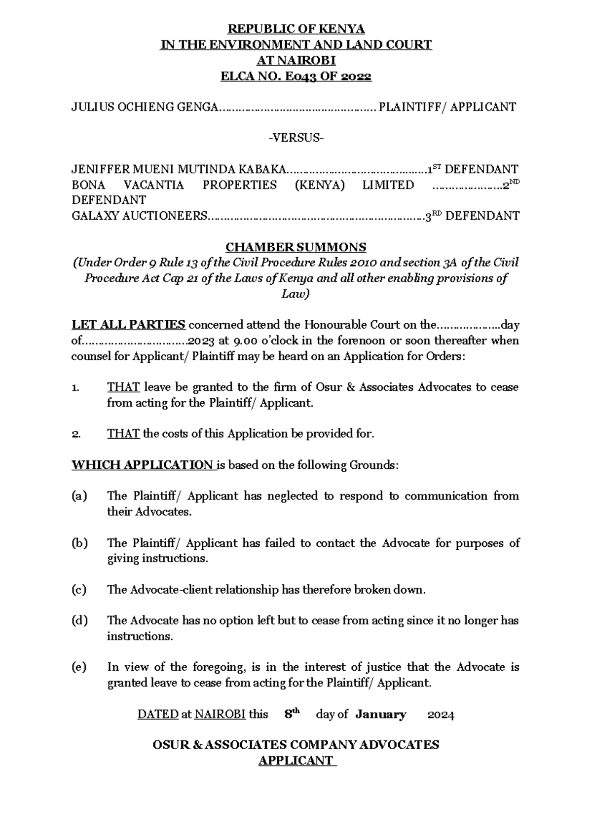 Application for Leave to Cease Acting in ELCA No. E043 of 2022 - Studocu