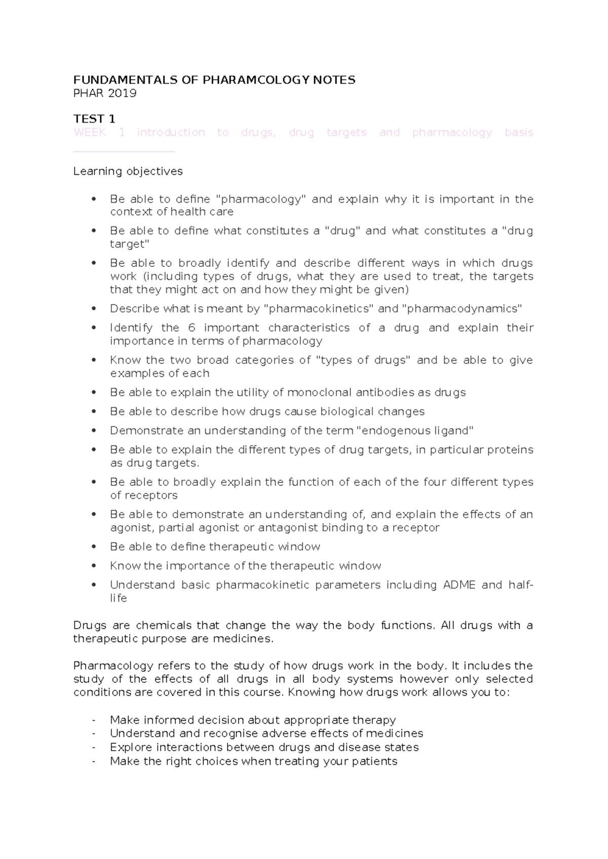Fundamentals of Pharmacology Notes PHAR 2019 Test 1 Week 1 Overview ...