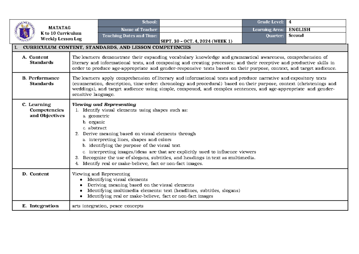 DLL Matatag K to 10 English 4 Q2 Week 1 Lesson Log - Studocu