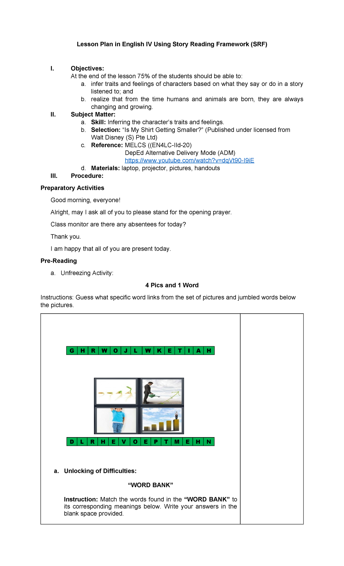 Lesson Plan for English IV: Story Reading Framework (SRF) - Studocu