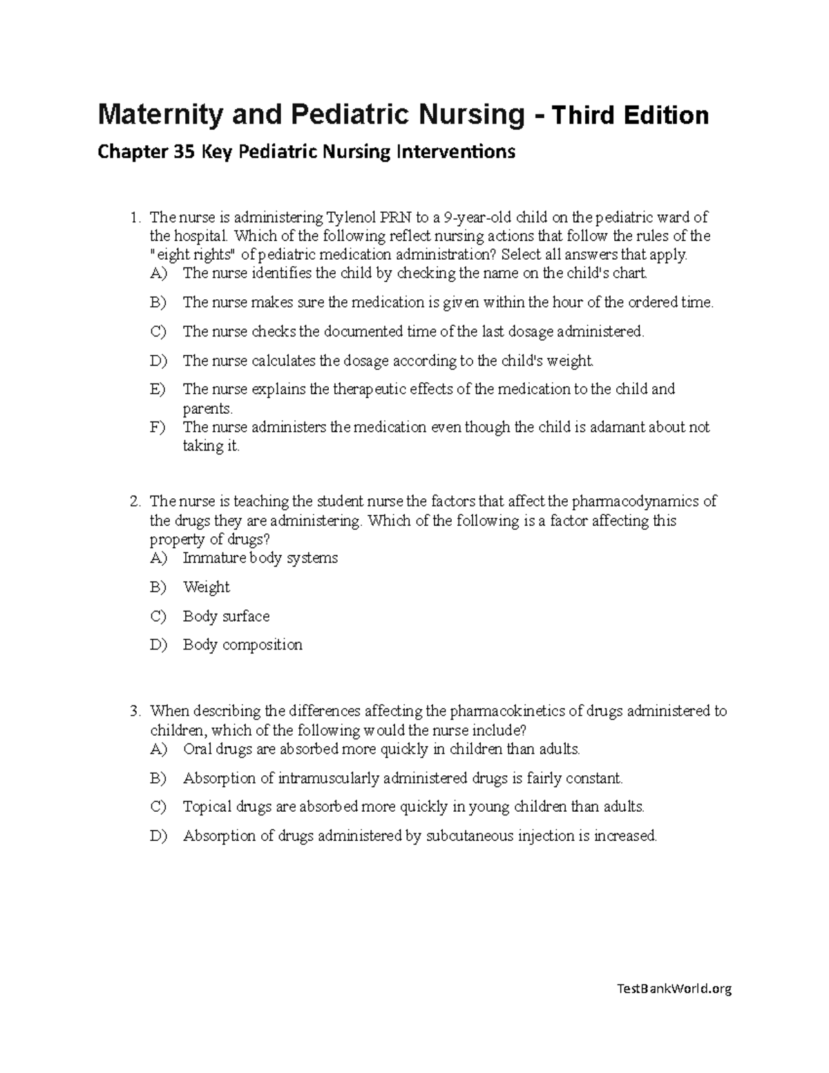 Maternity and Pediatric Nursing - Chapter 35 Test Bank Notes - Studocu