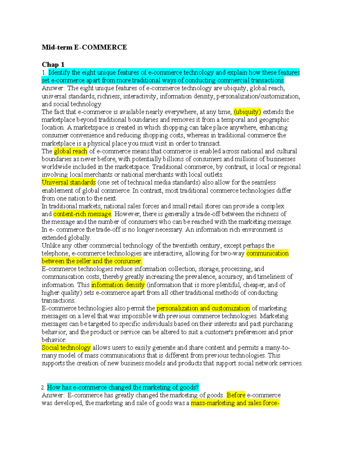 Midterm Exam Notes: Unique Features of Technology in E-Commerce - Studocu