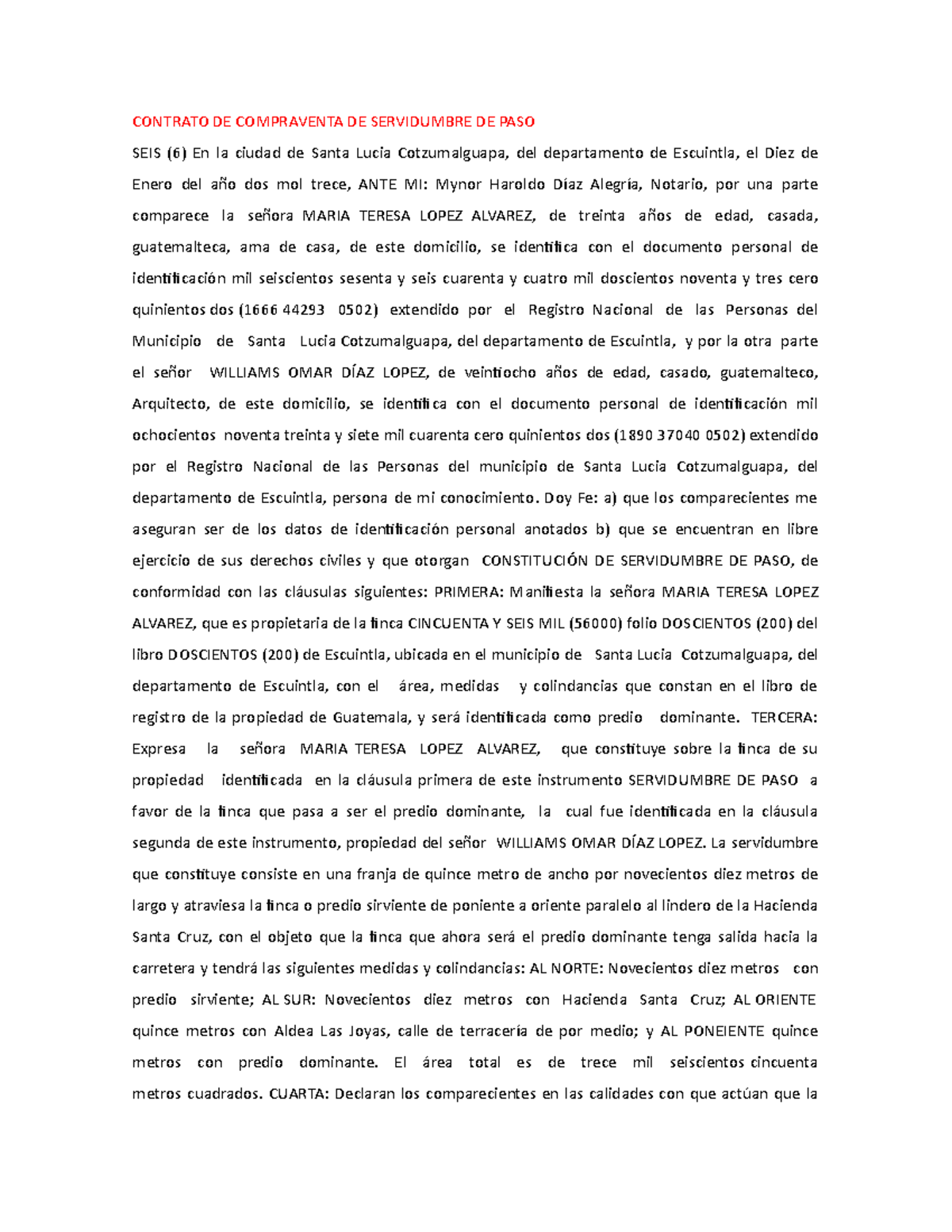 Contrato de Compraventa de Servidumbre de Paso en Santa Lucia - Document Preview