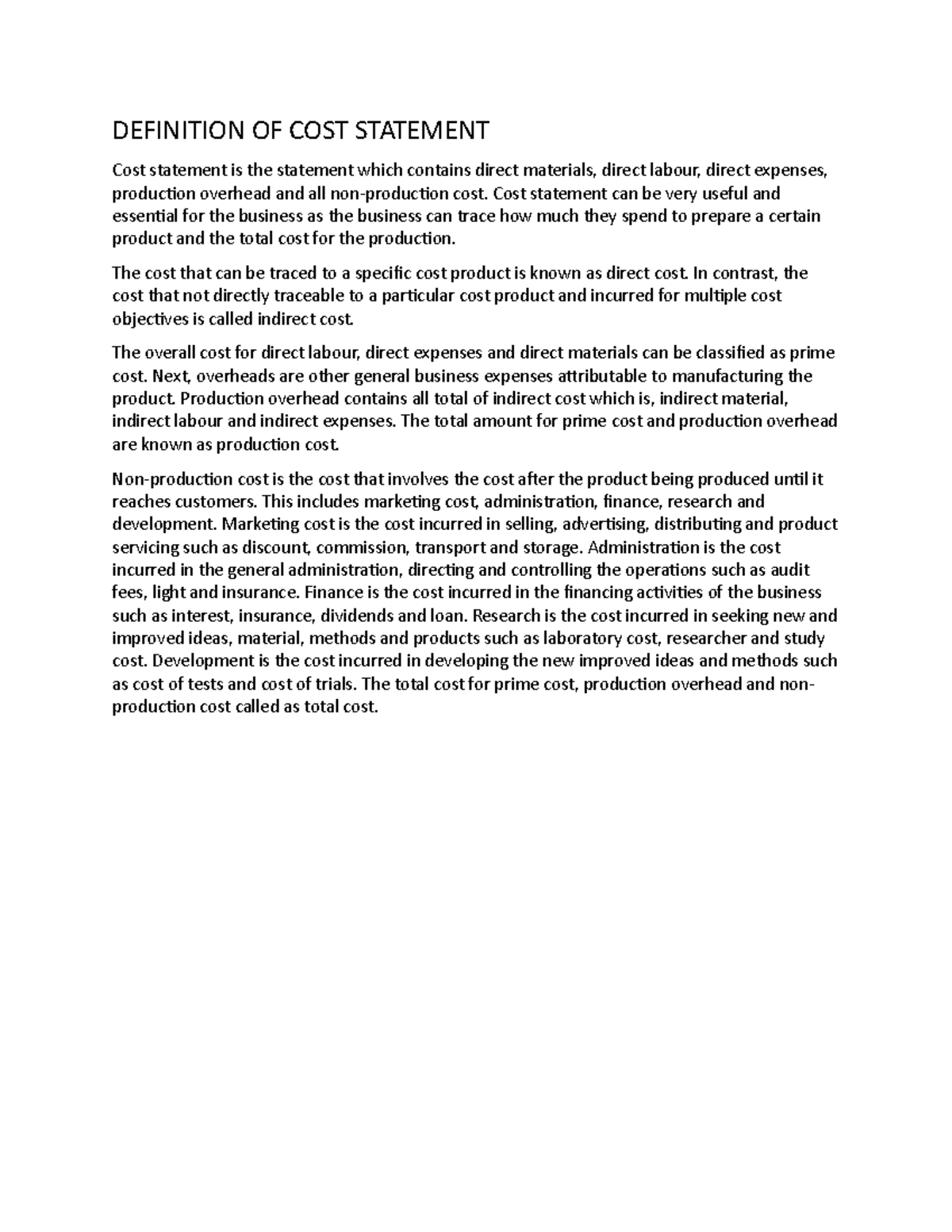 Understanding the Definition of Cost Statement in Business - Studocu