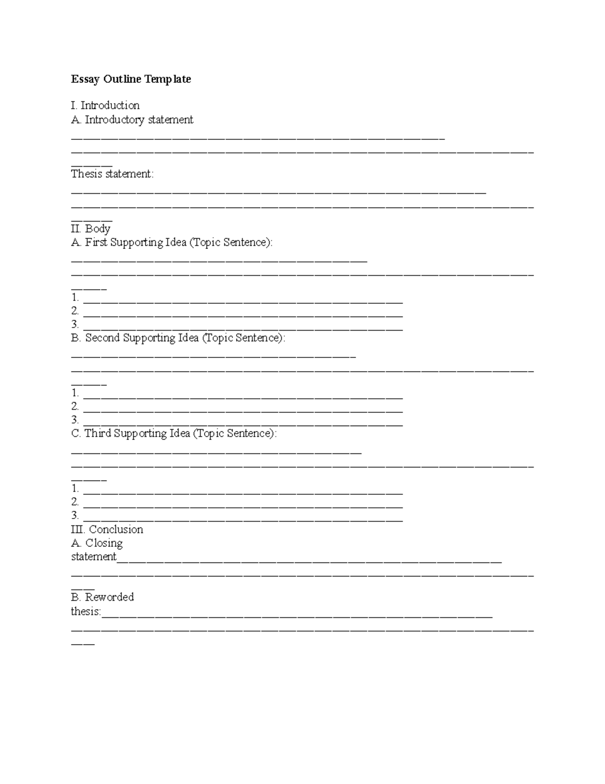 Essay Outline Template 05 - Essay Outline Template I. Introduction A ...