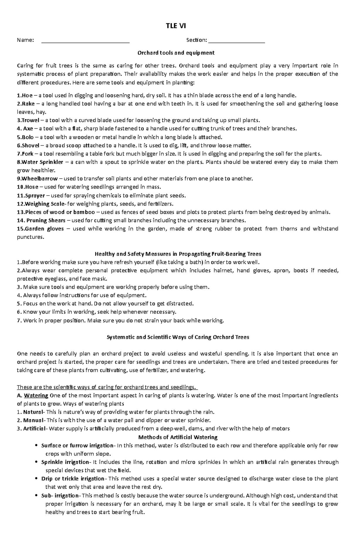 TLE VI: Comprehensive Notes on Orchard Tools & Tree Care Techniques ...