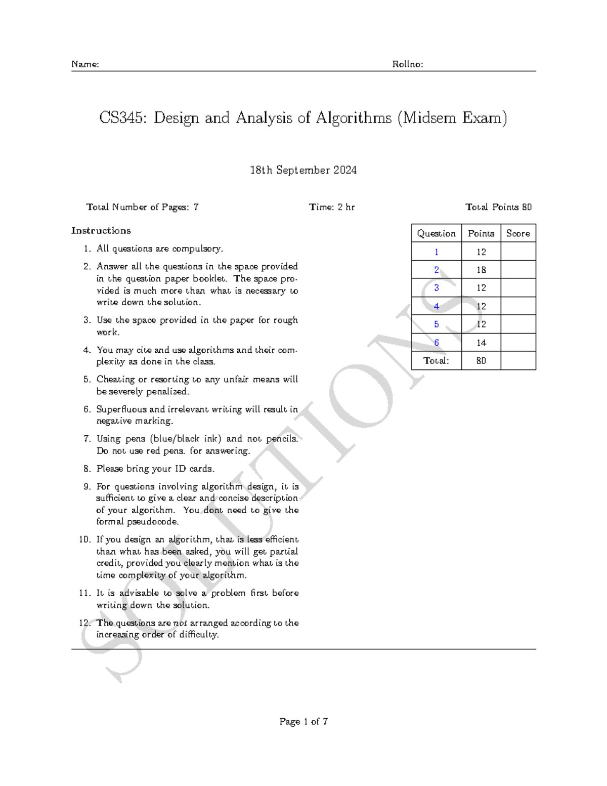 CS345: Design and Analysis of Algorithms (Midsem Exam) 2024 - Studocu