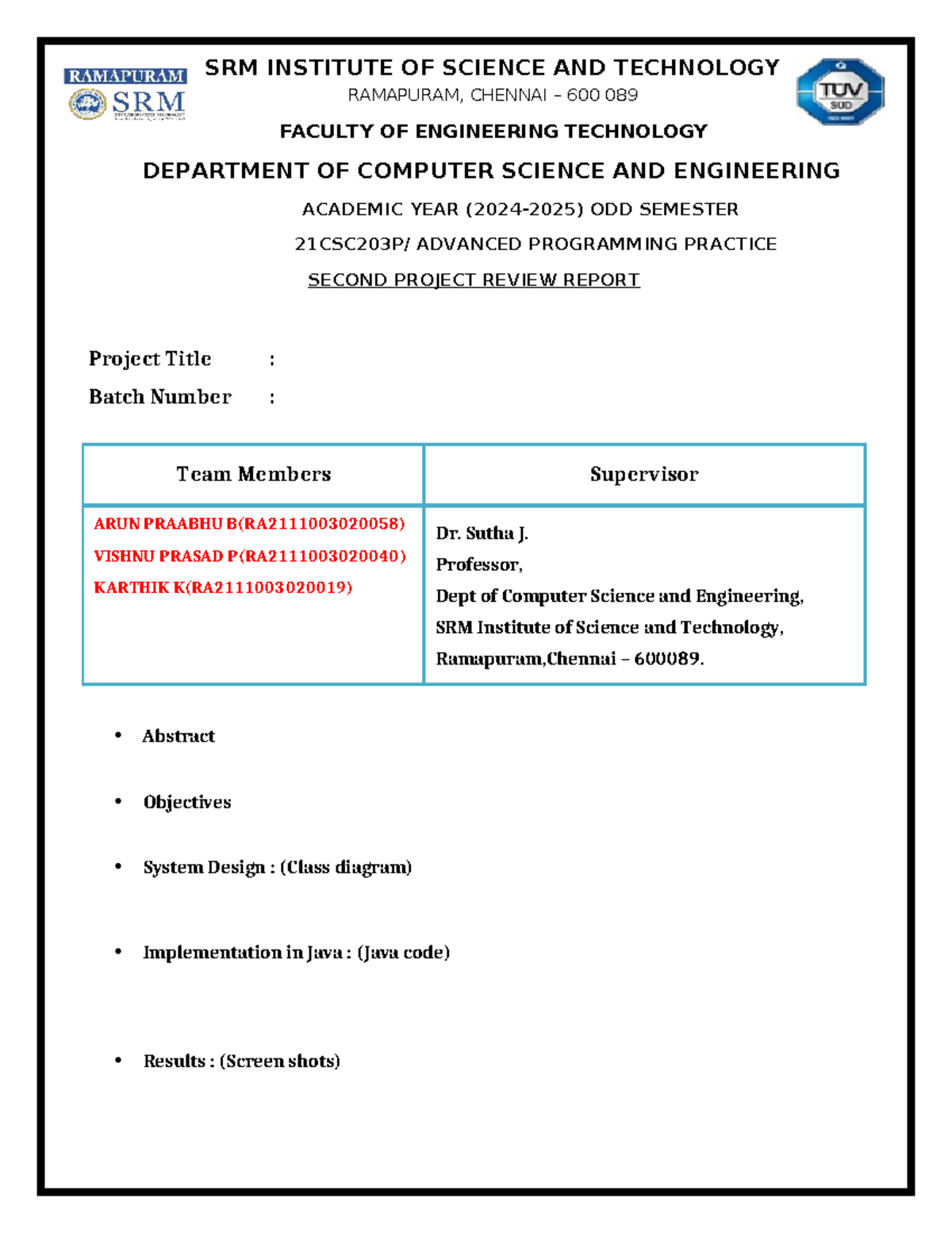 Second Project Review Report Template - SRM INSTITUTE OF SCIENCE AND ...