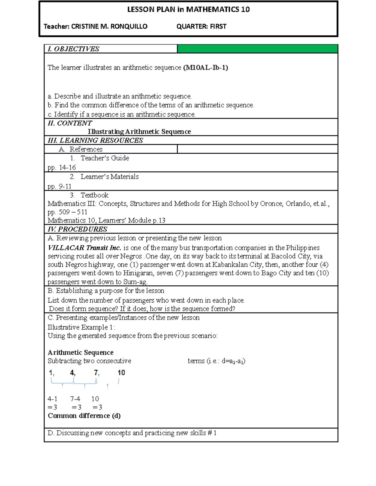 M10AL-Ib-1: Understanding and Illustrating Arithmetic Sequences - Studocu