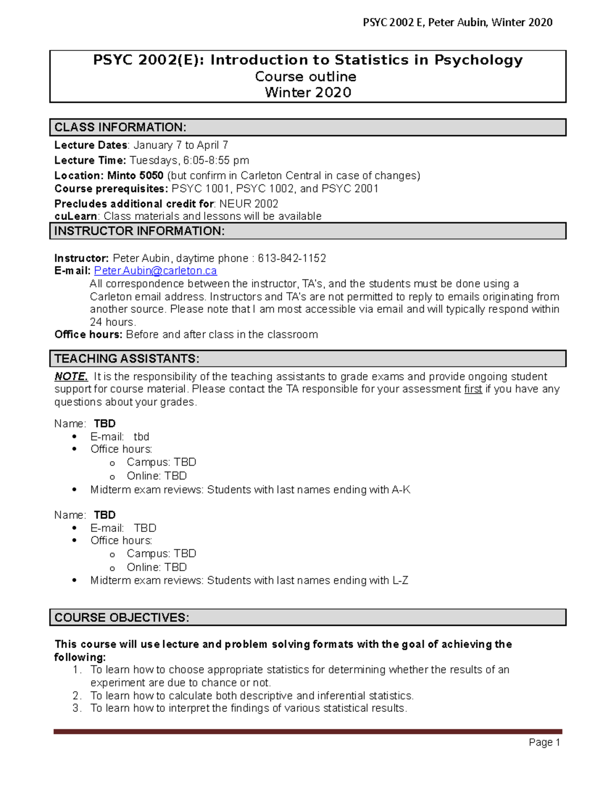 PSYC 2002(E) Winter 2020 Syllabus: Intro to Statistics in Psychology ...
