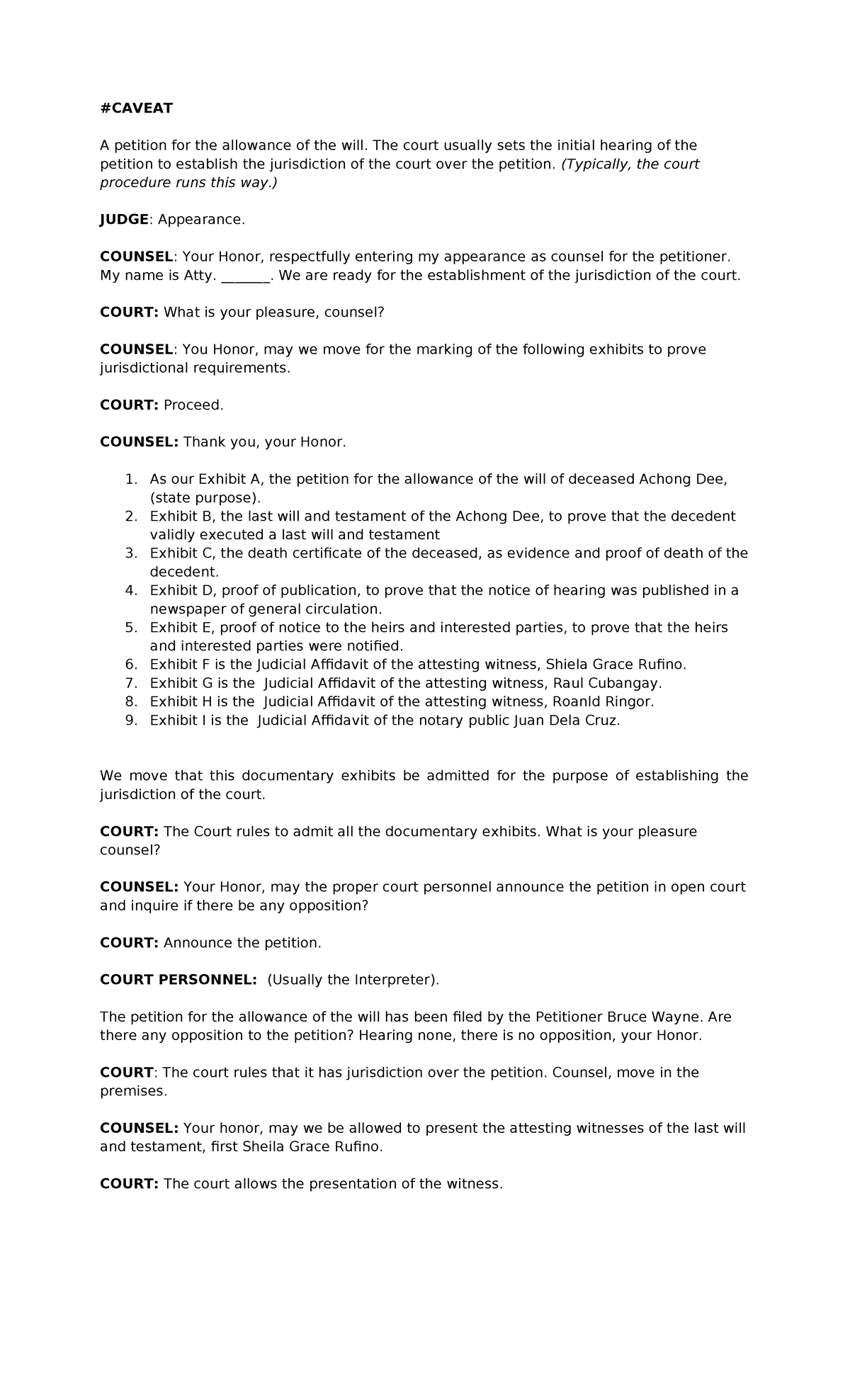 Petition for Allowance of Will - Court Hearing Draft Script - Document Preview
