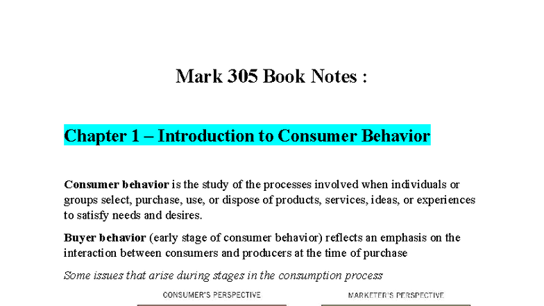 Mark 305 Book Notes: Chapter 1 - Intro to Consumer Behavior - Studocu