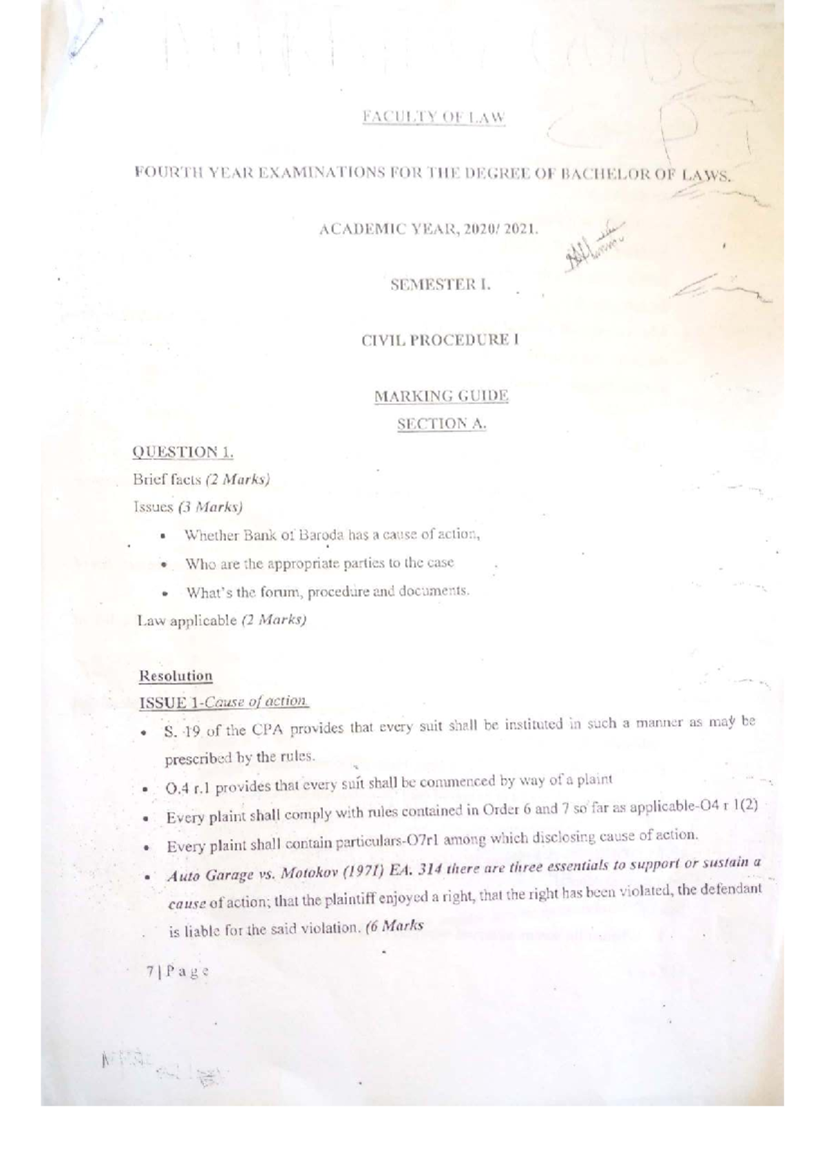 Civil Procedure I Marking Guide - Faculty of Law 2021/2022 Exam - Studocu