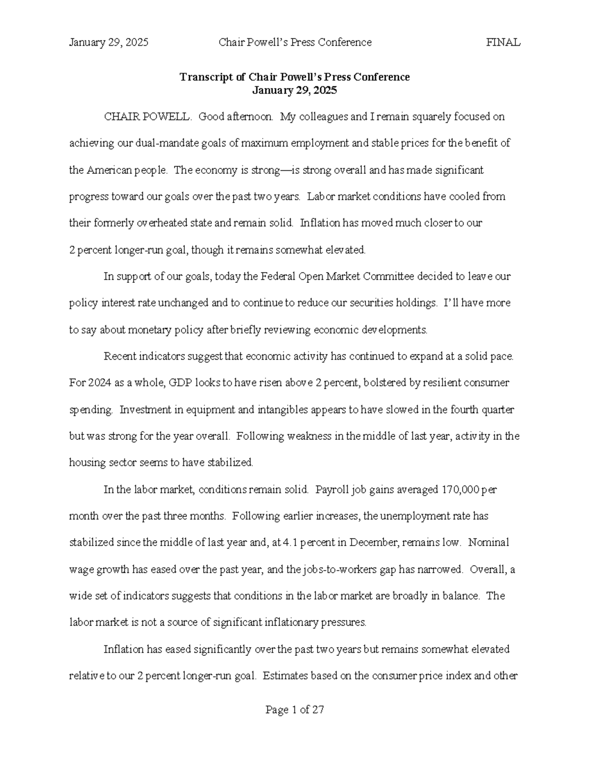 January 29, 2025 FOMC Chair Press Conference FINAL Transcript - Studocu