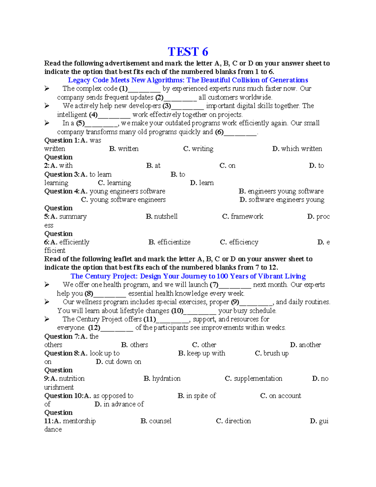 TEST 6: Reading Comprehension Practice for English Language Learners ...