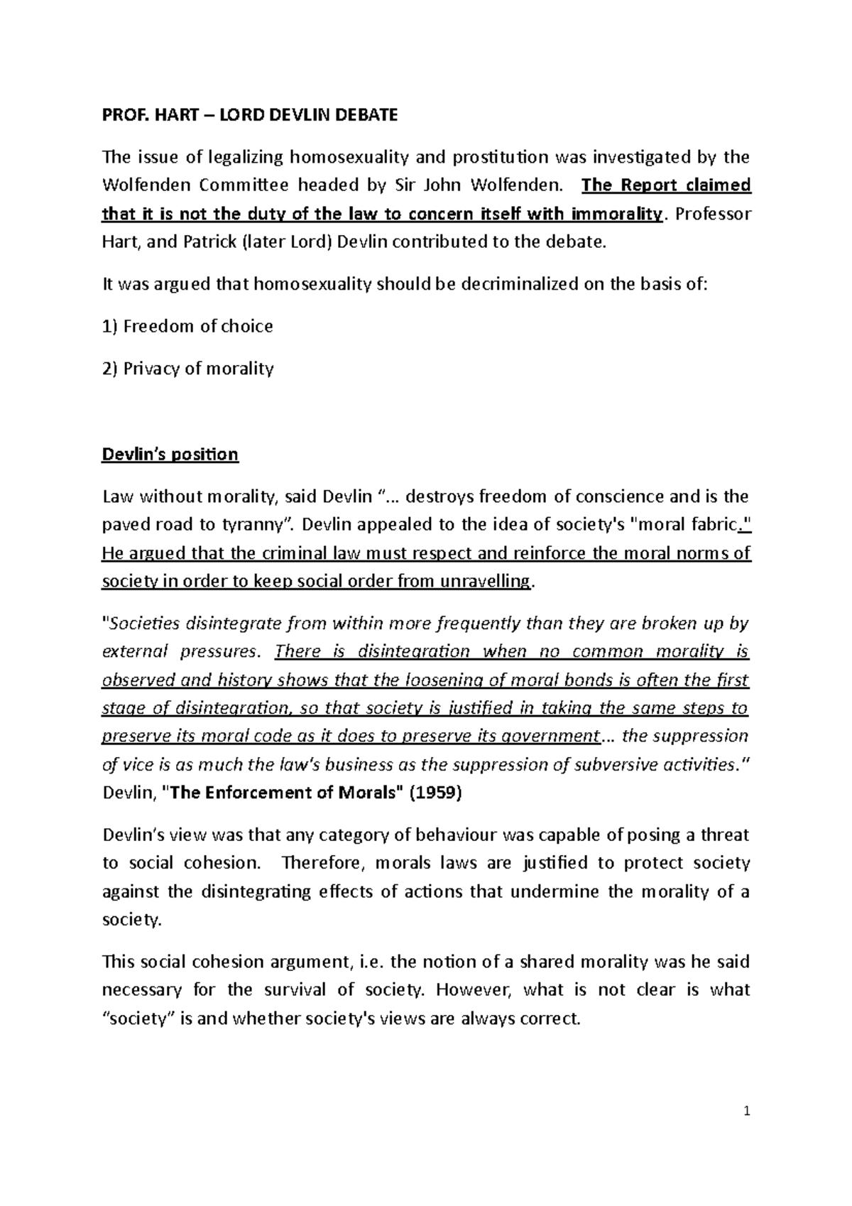 Hart vs. Devlin Debate on Morality, Law, and Society Dynamics - Studocu