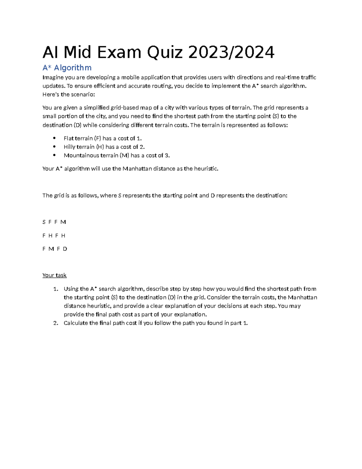 AI Mid Exam Quiz 2023: A* Algorithm & Bayesian Networks Explained - Studocu