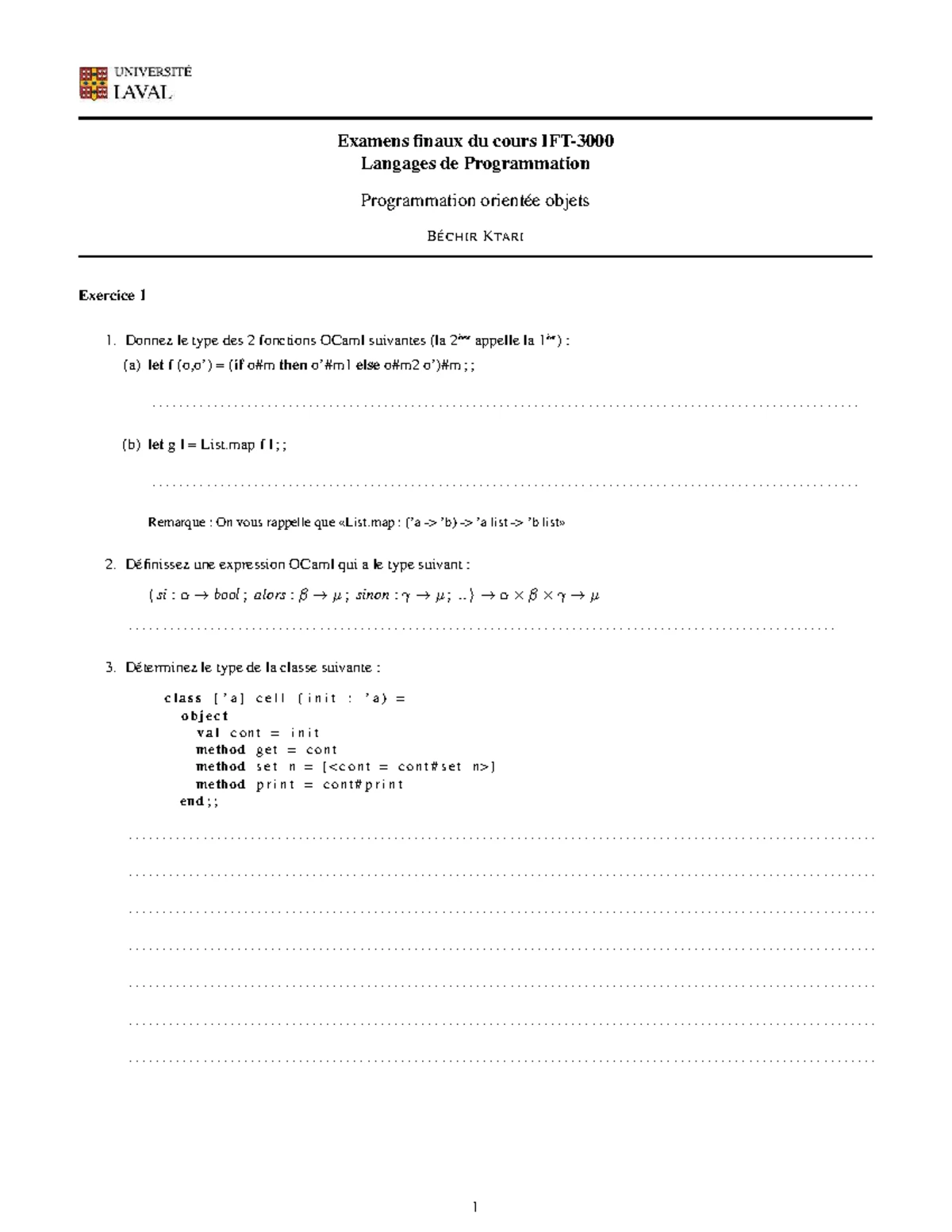 Exercices POO - Langages de Programmation B - OCaml - Studocu