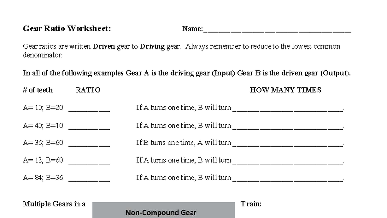 Gear Ratio Worksheet: Understanding Gear Relationships and Calculations ...