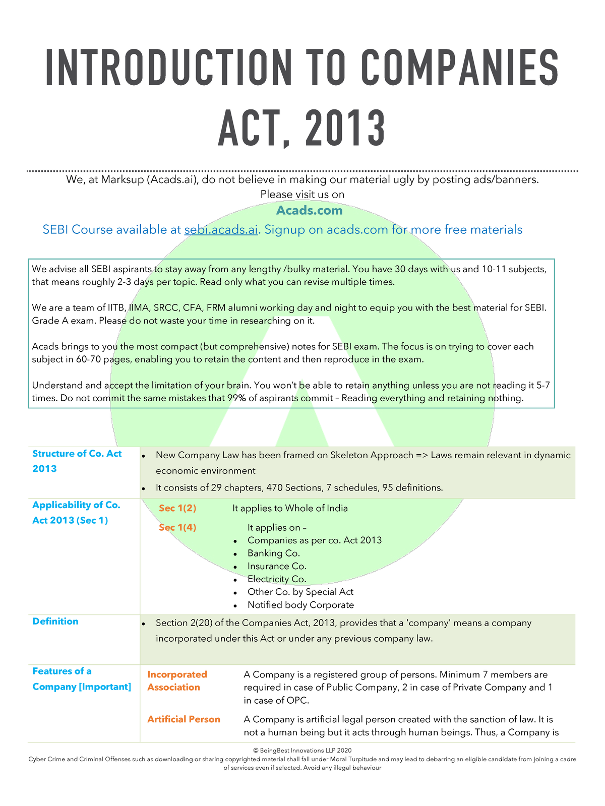 SEBI Course: Summary Notes on Companies Act, 2013 - Key Aspects and ...