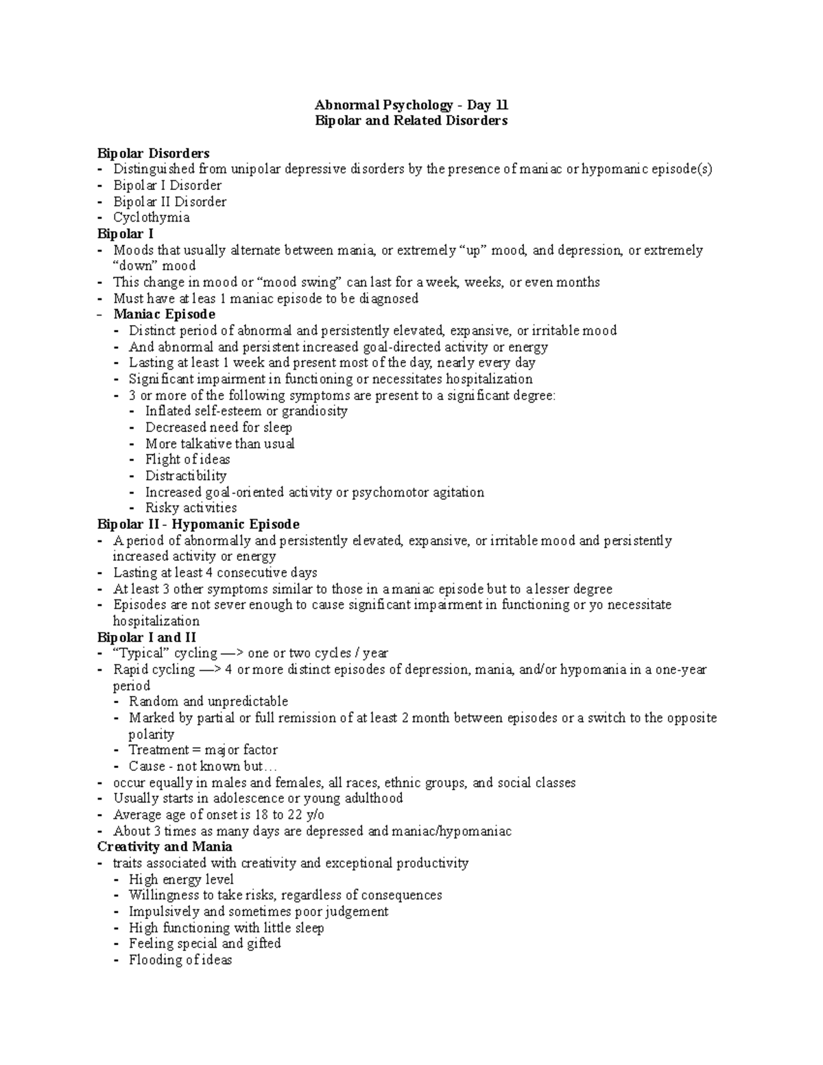 Abnormal Psych - Day 11 - Lecture notes 11 - Abnormal Psychology - Day ...