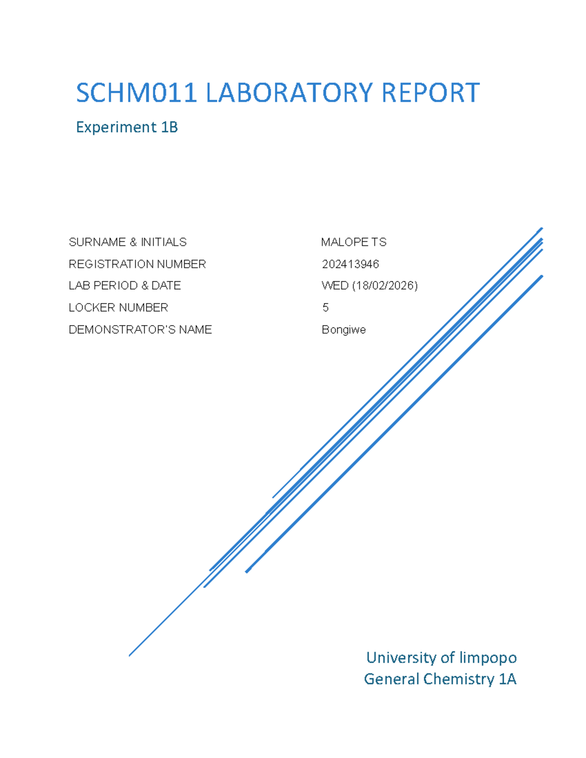 SCHM011 General Chemistry 1A Lab Report: Physical & Chemical Changes ...