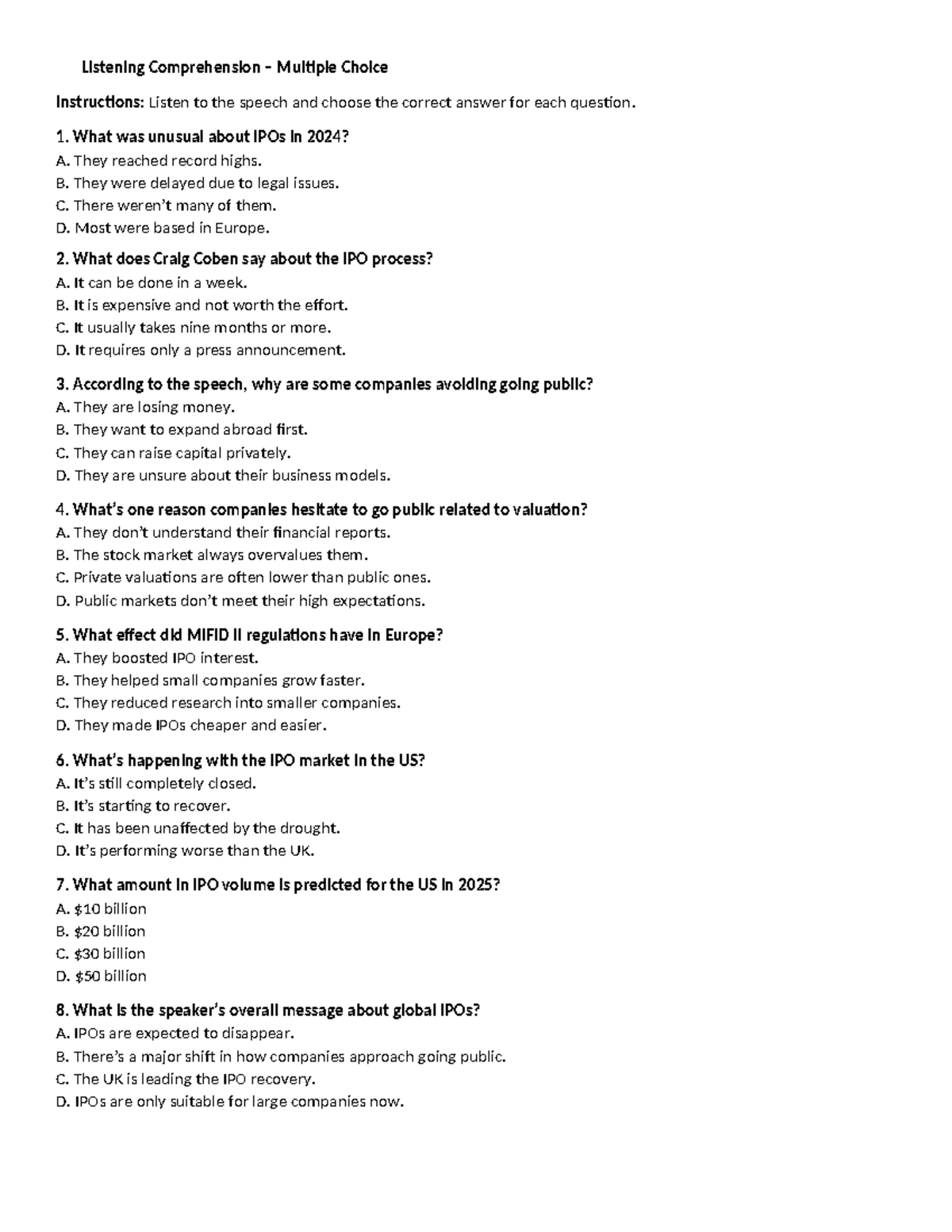 IPO - Listening Comprehension Task: Multiple Choice Questions - Studocu
