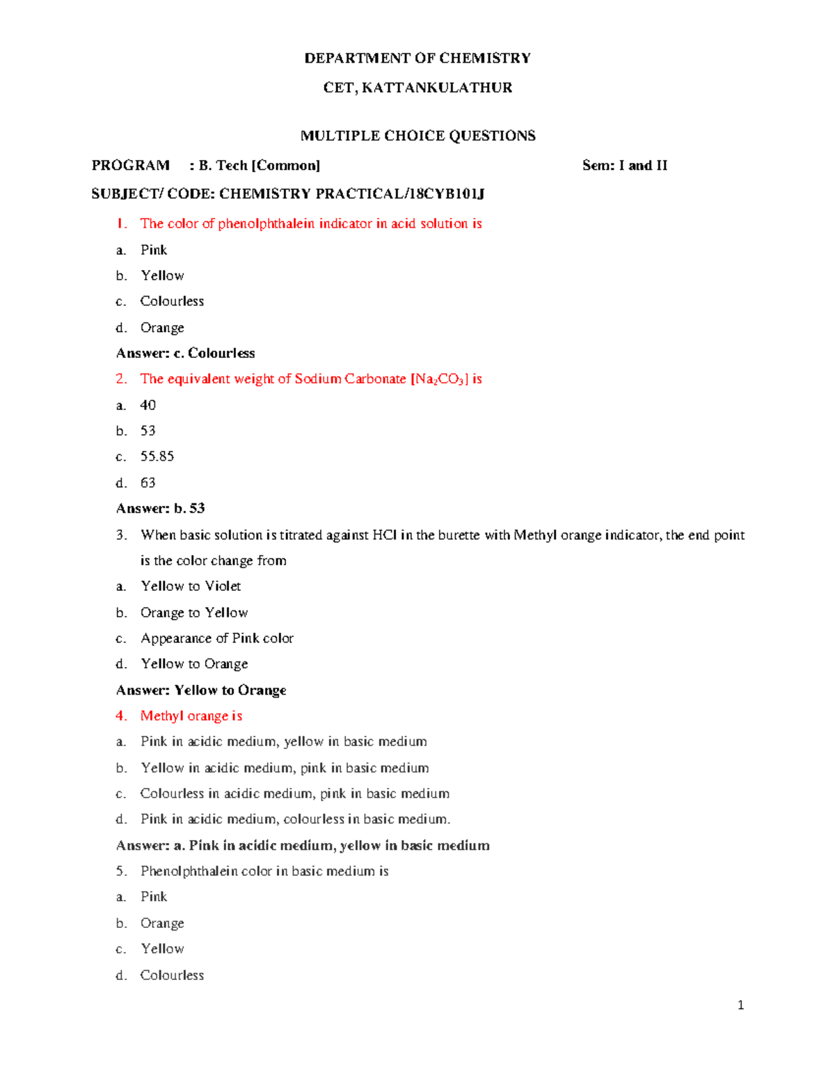 Chemistry Practical MCQs - B.Tech Sem I & II (CET) - Studocu