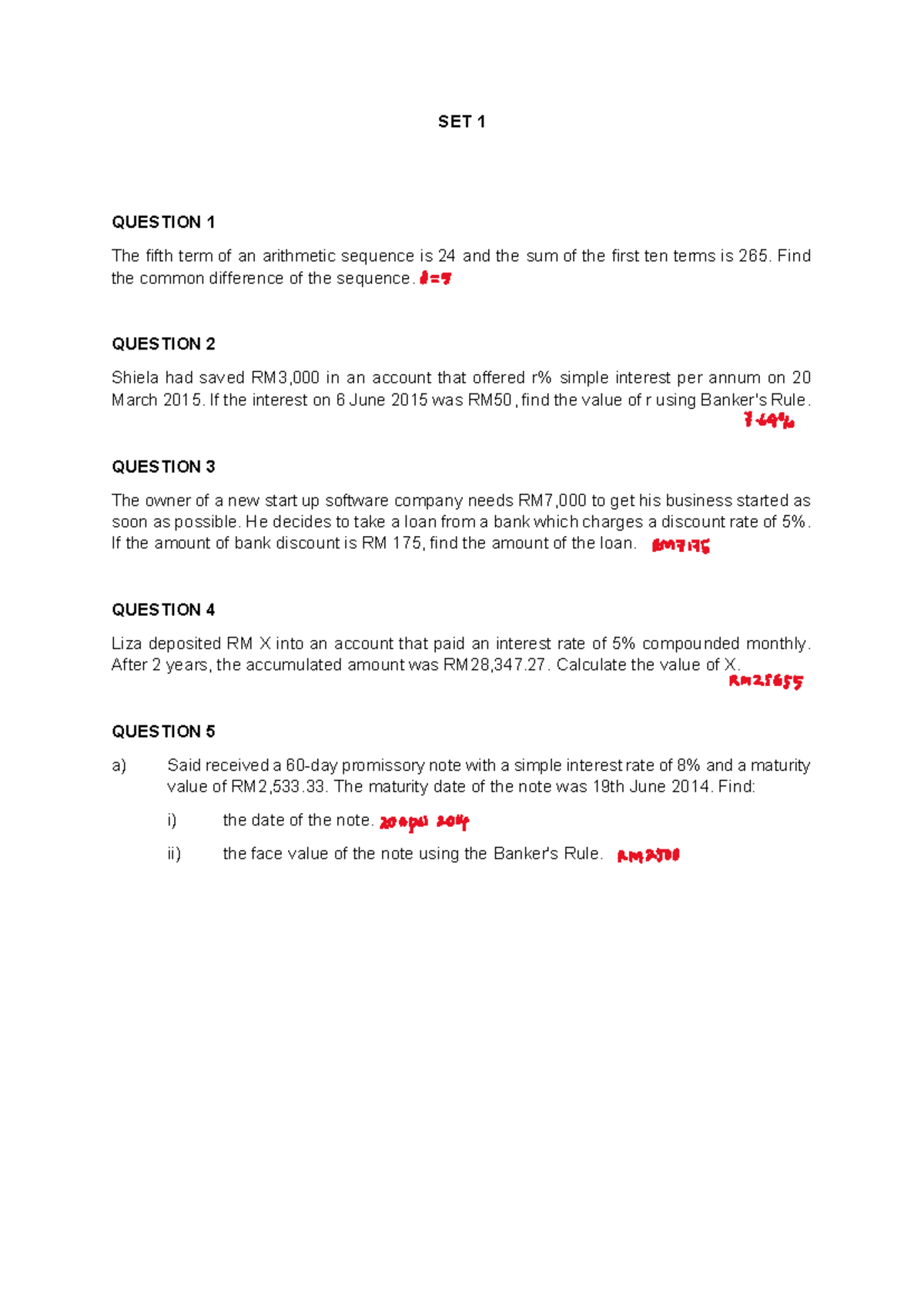 SET 1 A1 - Exercise Questions & Answers on Arithmetic & Interest - Studocu