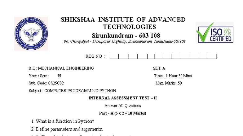 CS25C02 Computer Programming Python IAT II Question Paper Model - Studocu