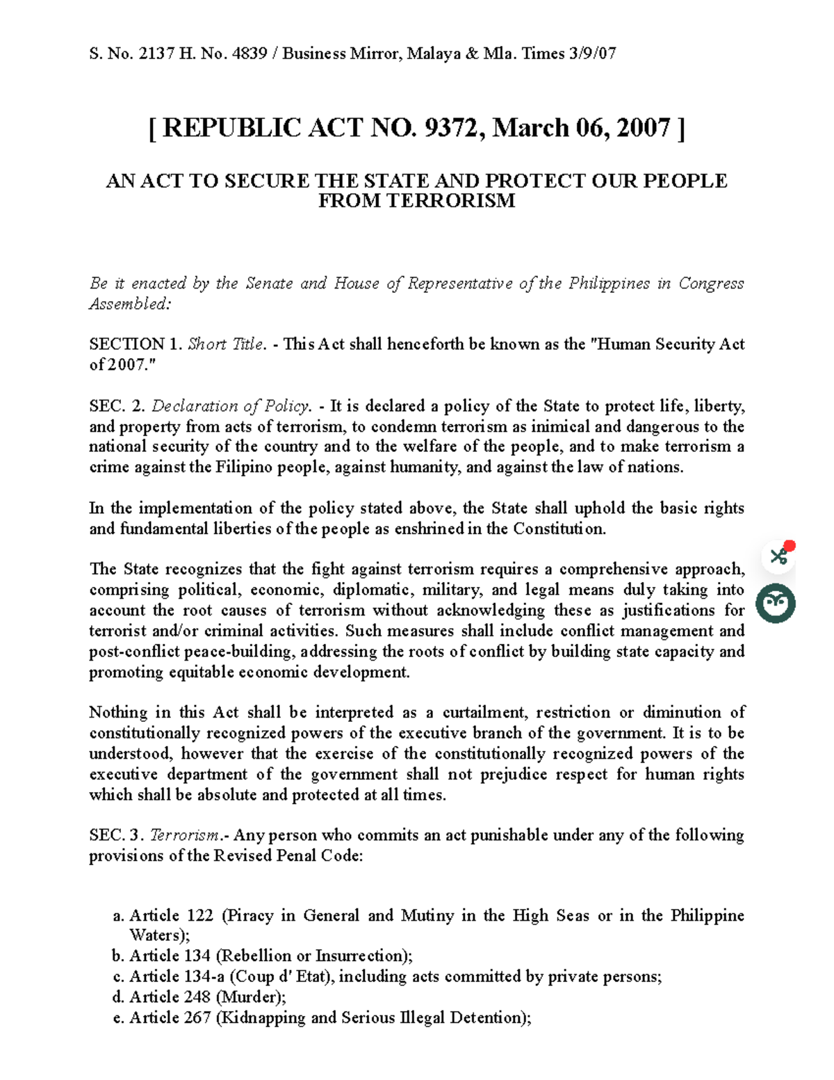 Republic Act No. 9372: The Security Act Overview - Studocu