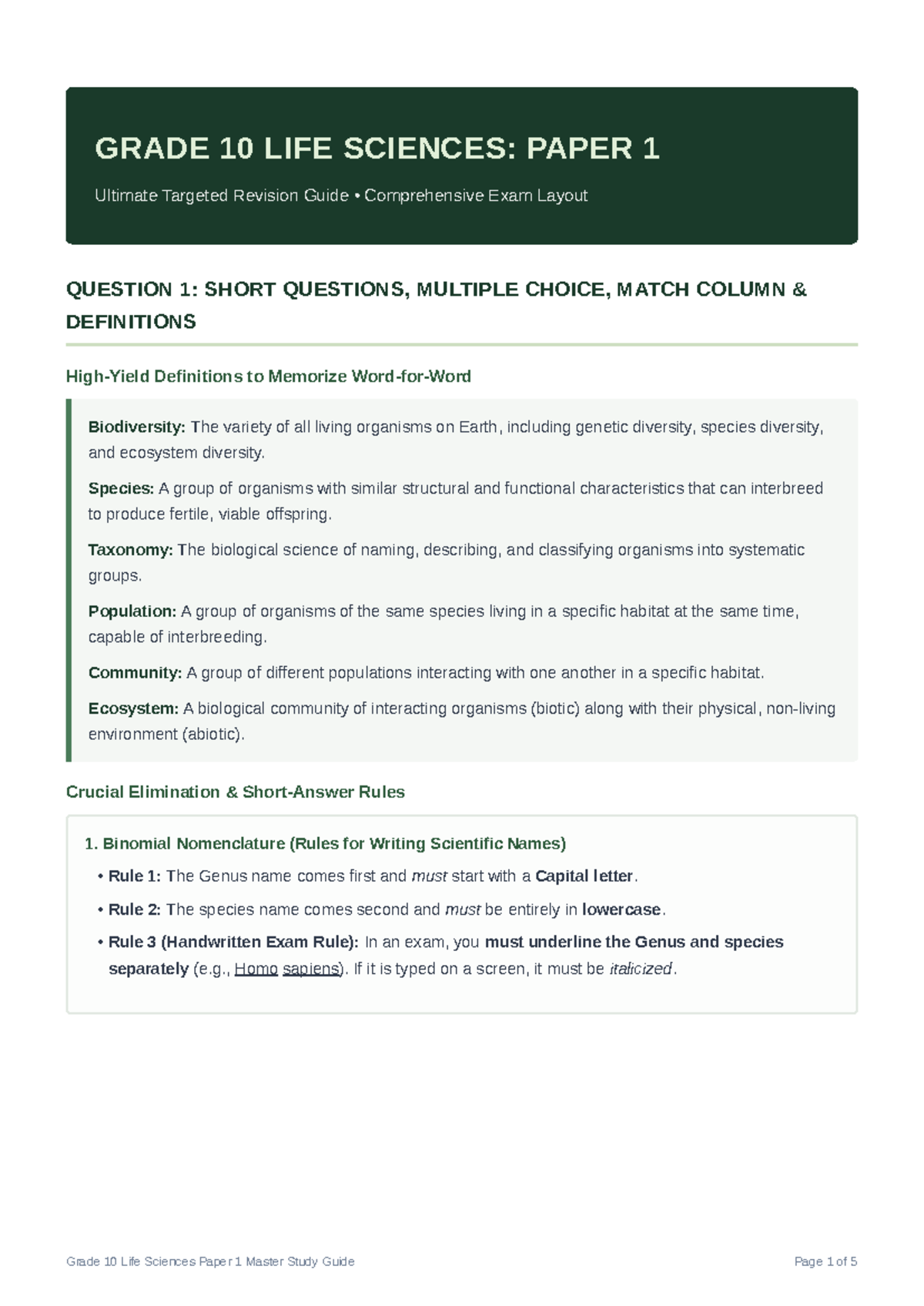 Grade 10 Life Sciences Paper 1 Revision Guide - Studocu