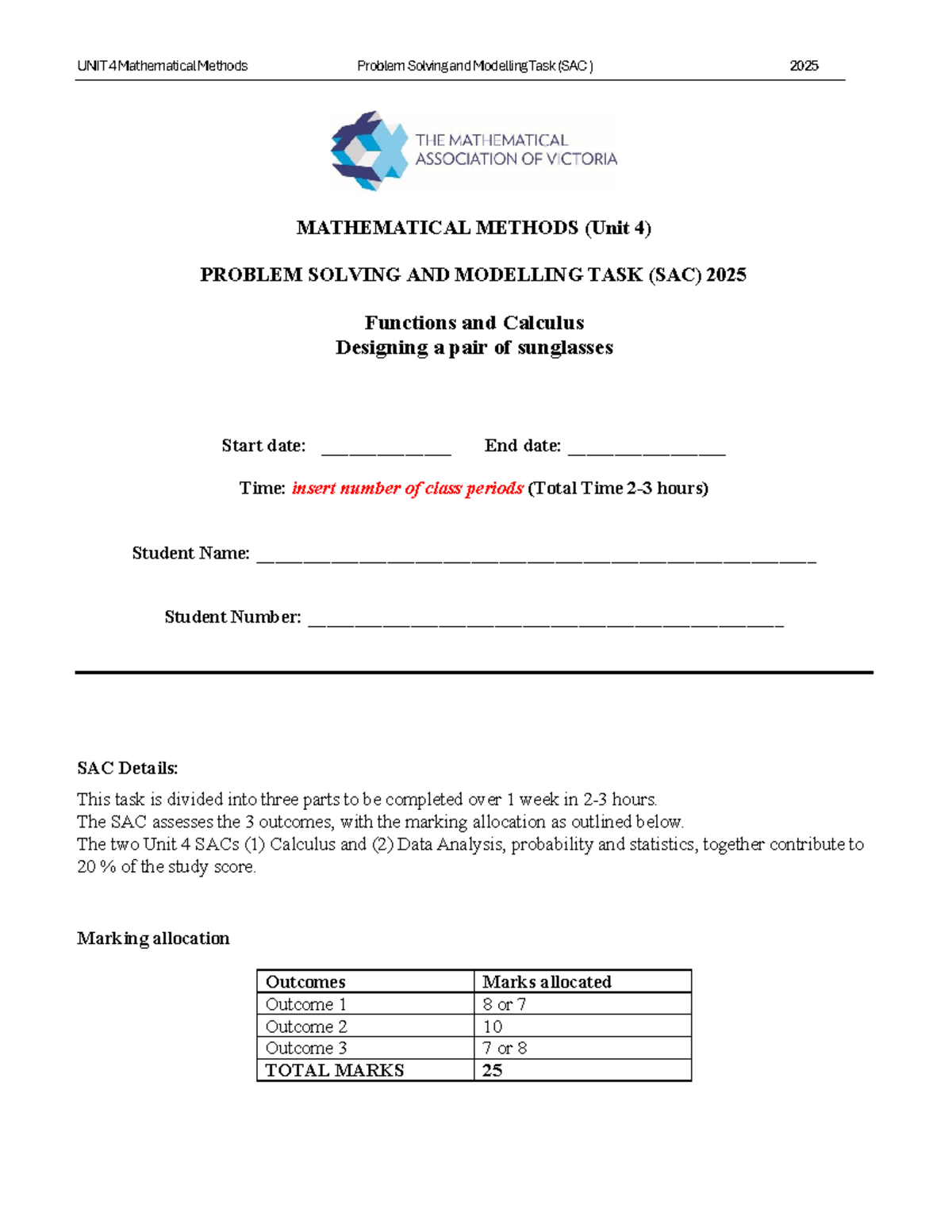 UNIT 4 Mathematical Methods SAC 2025: Sunglasses Design & Modelling ...