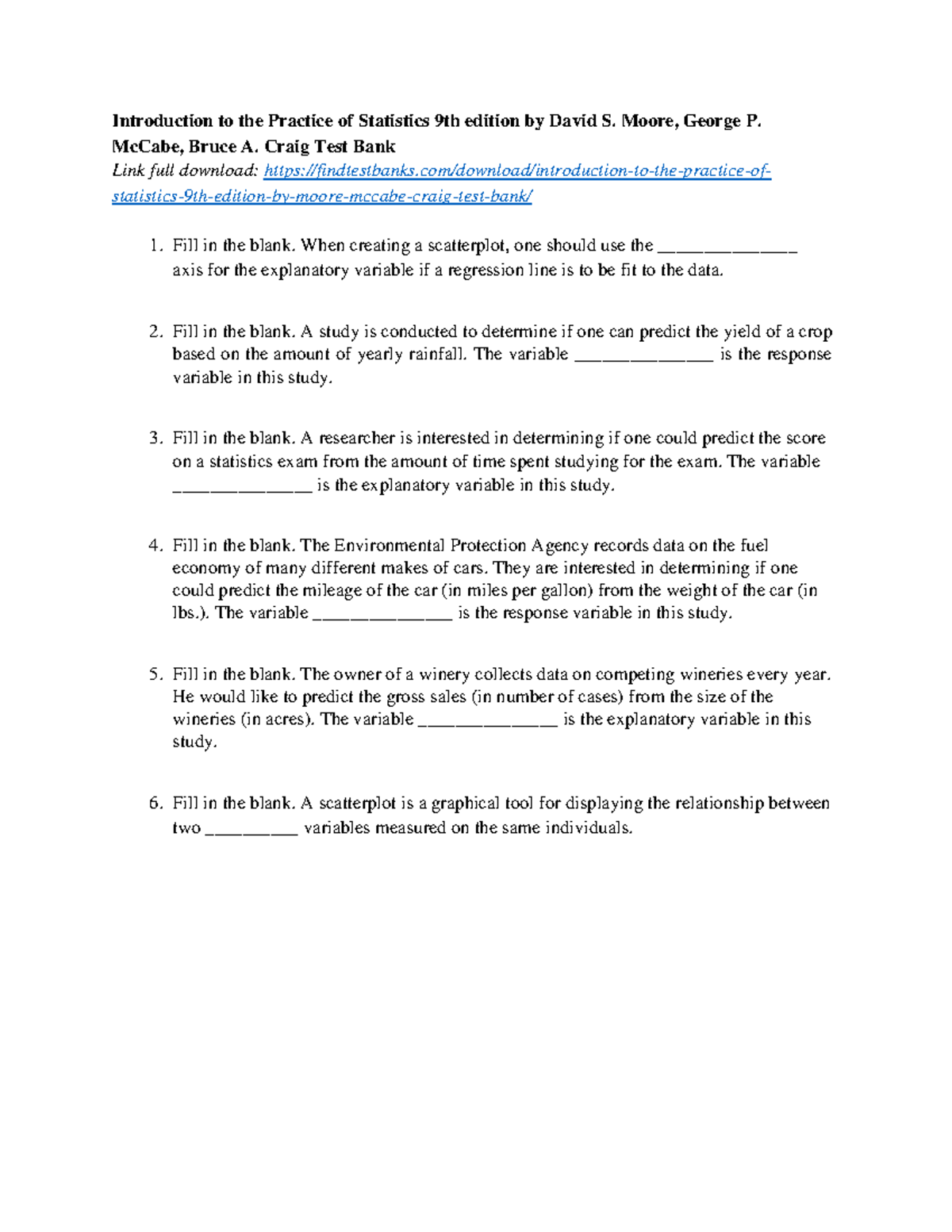 Test Bank for Introduction to the Practice of Statistics 9th Edition ...