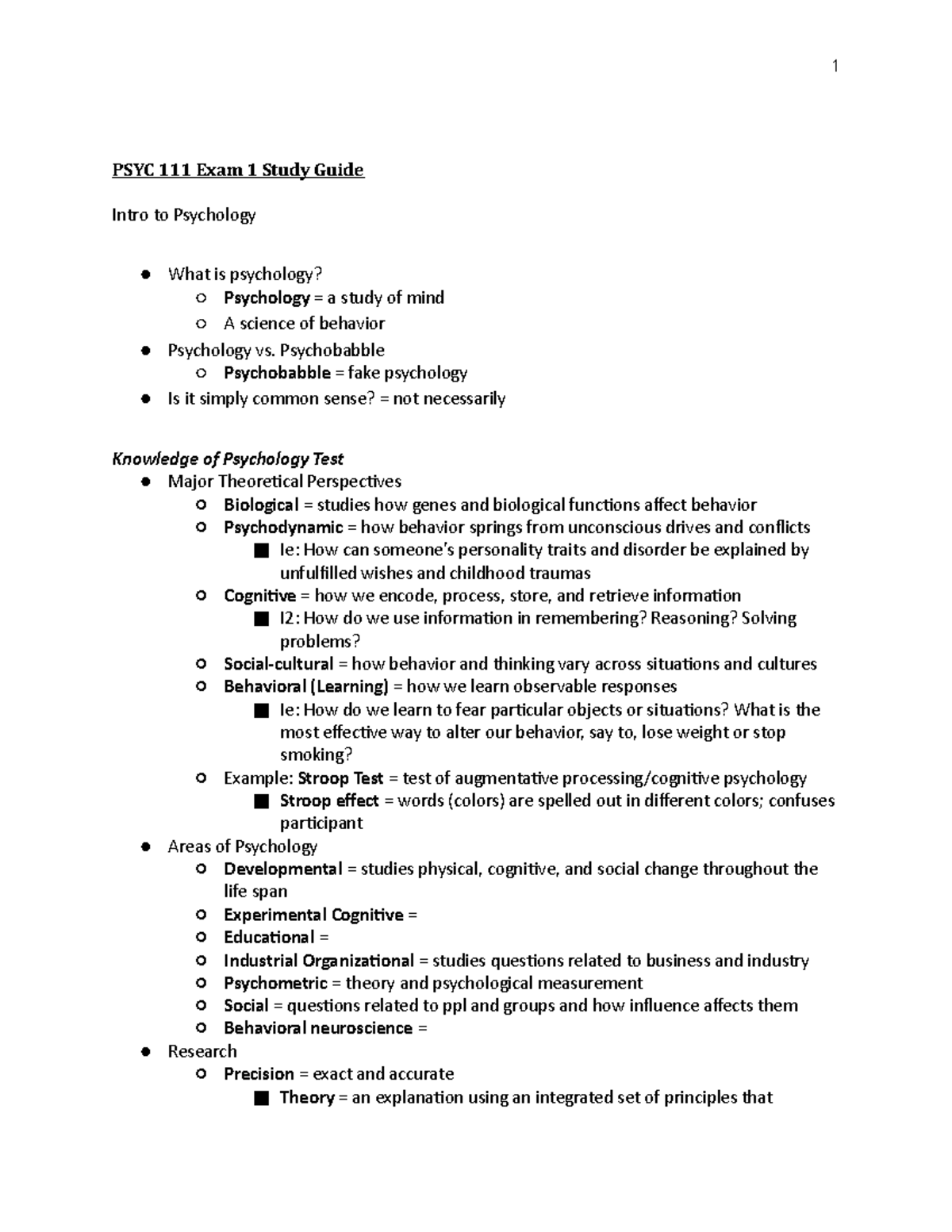 PSYC 111 Exam 1 Study Guide - PSYC 111 Exam 1 Study Guide Intro to ...