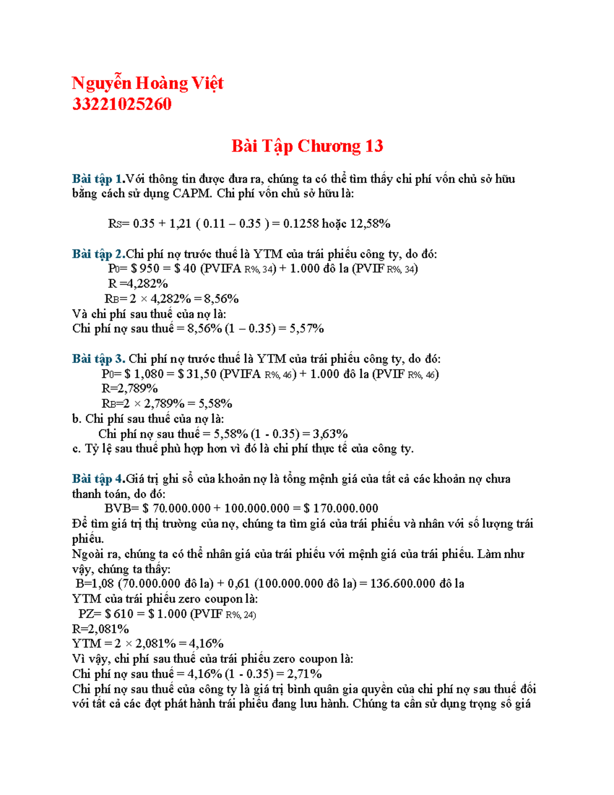BT C13 - Rủi ro Chi Phí Vốn và Định Giá: Bài Tập Thực Hành - Studocu